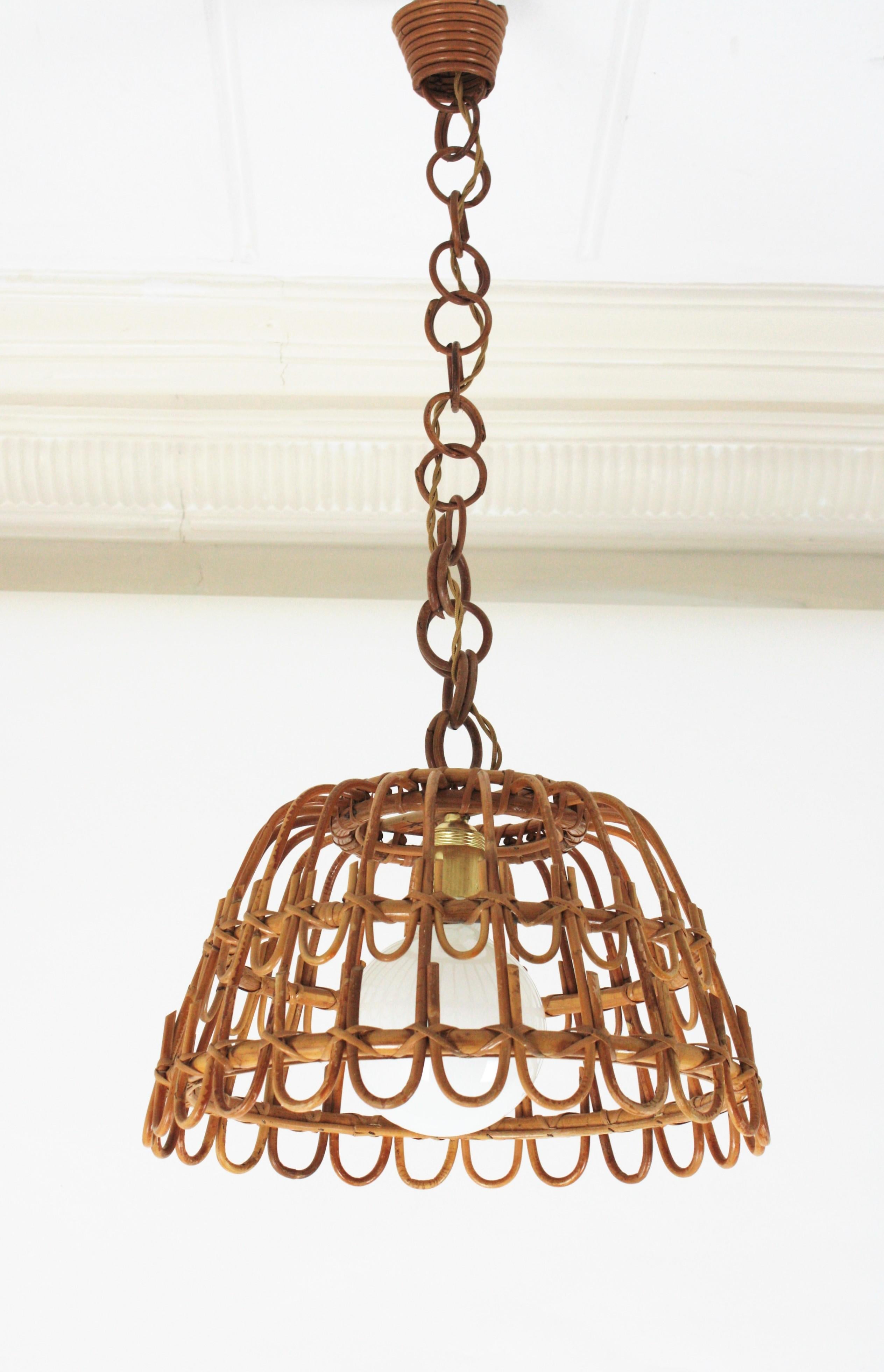 Spanish Rattan Bell Pendant or Hanging Light, 1960s In Good Condition In Barcelona, ES