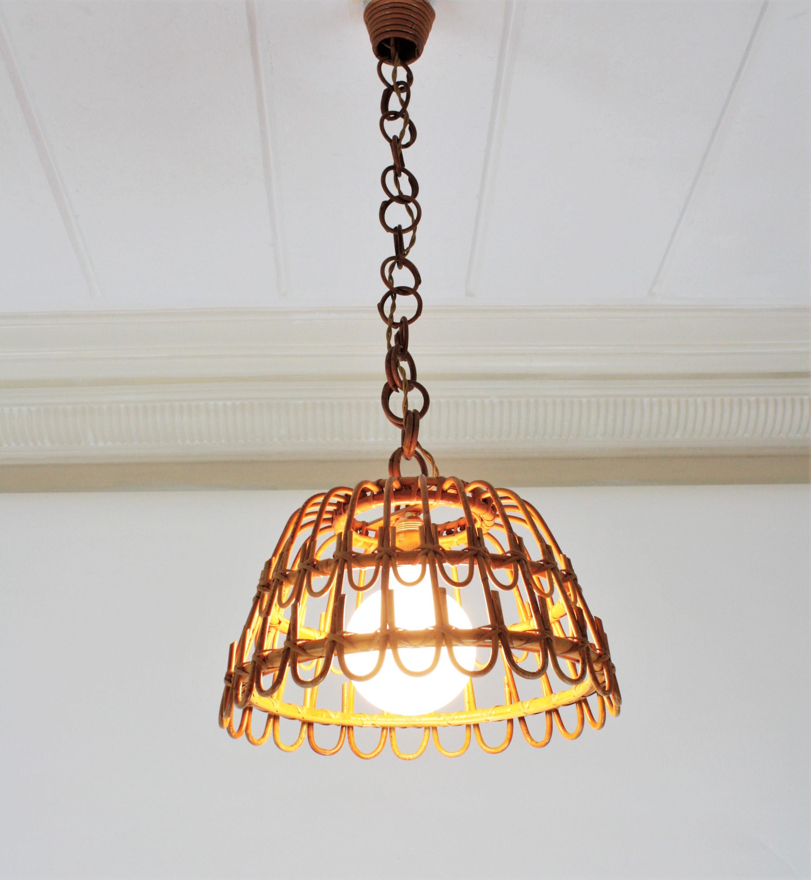 20th Century Spanish Rattan Bell Pendant or Hanging Light, 1960s