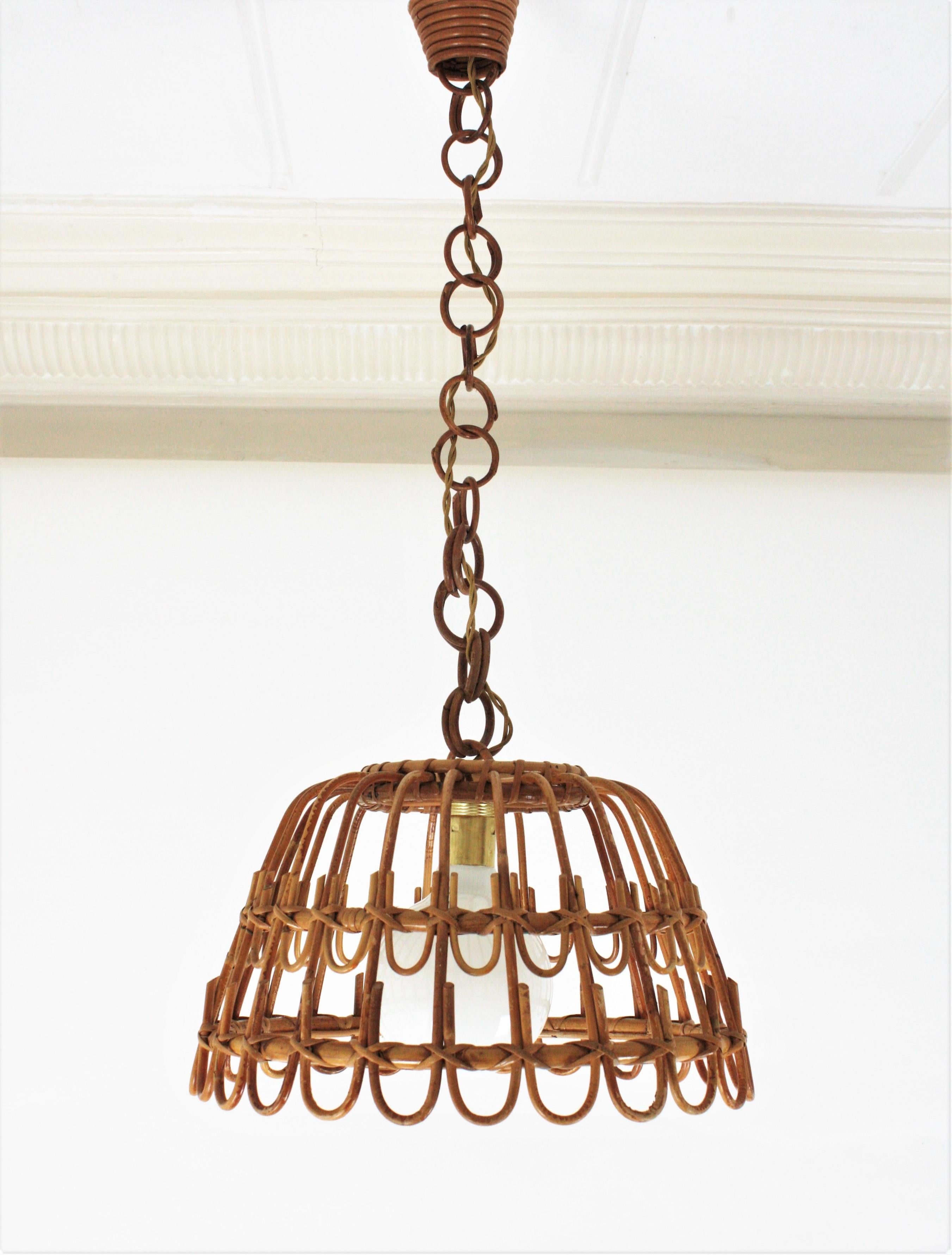 Bamboo Spanish Rattan Bell Pendant or Hanging Light, 1960s