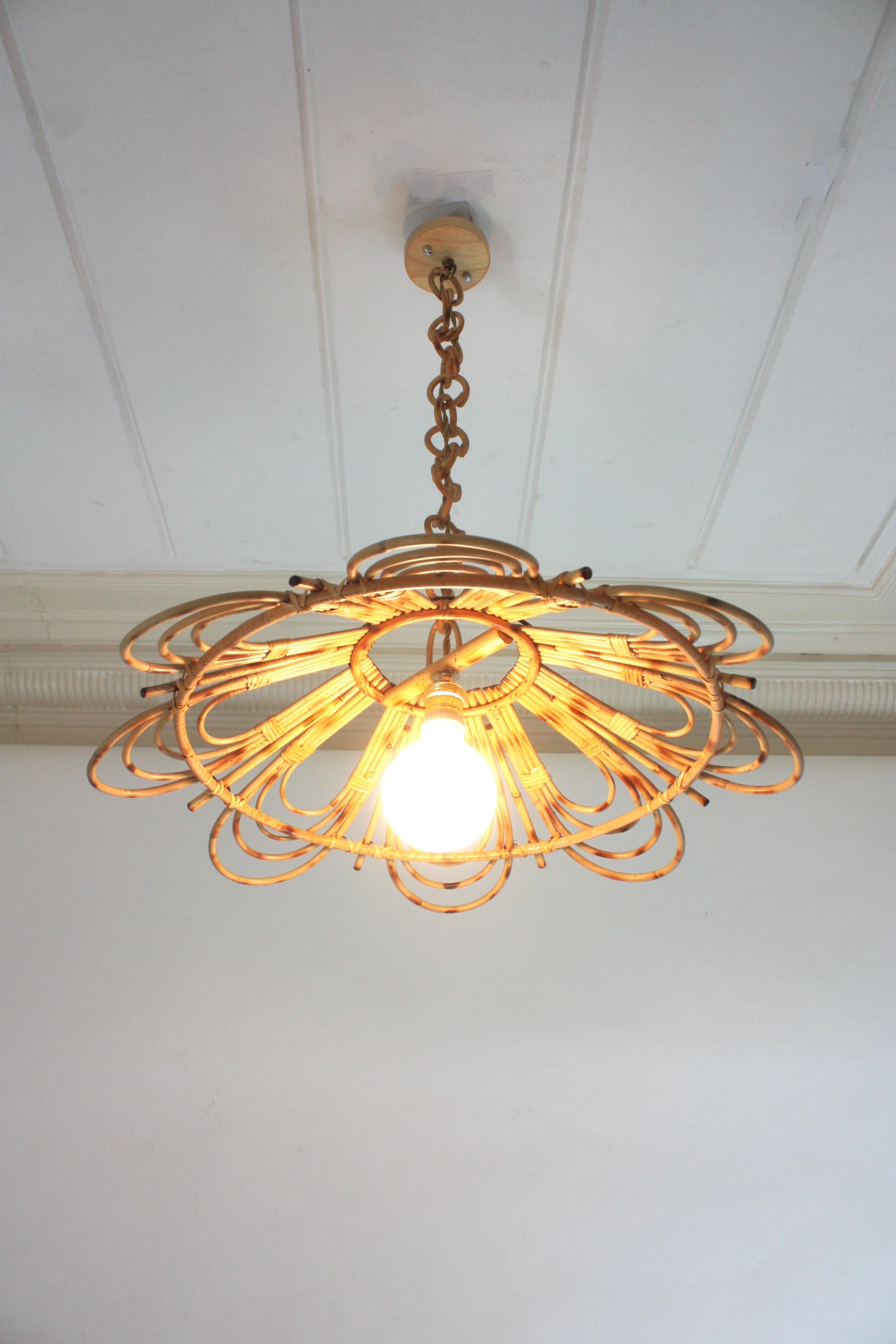 Mid-Century Modern Spanish Rattan Flower Shaped Large Pendant Hanging Light / Lantern