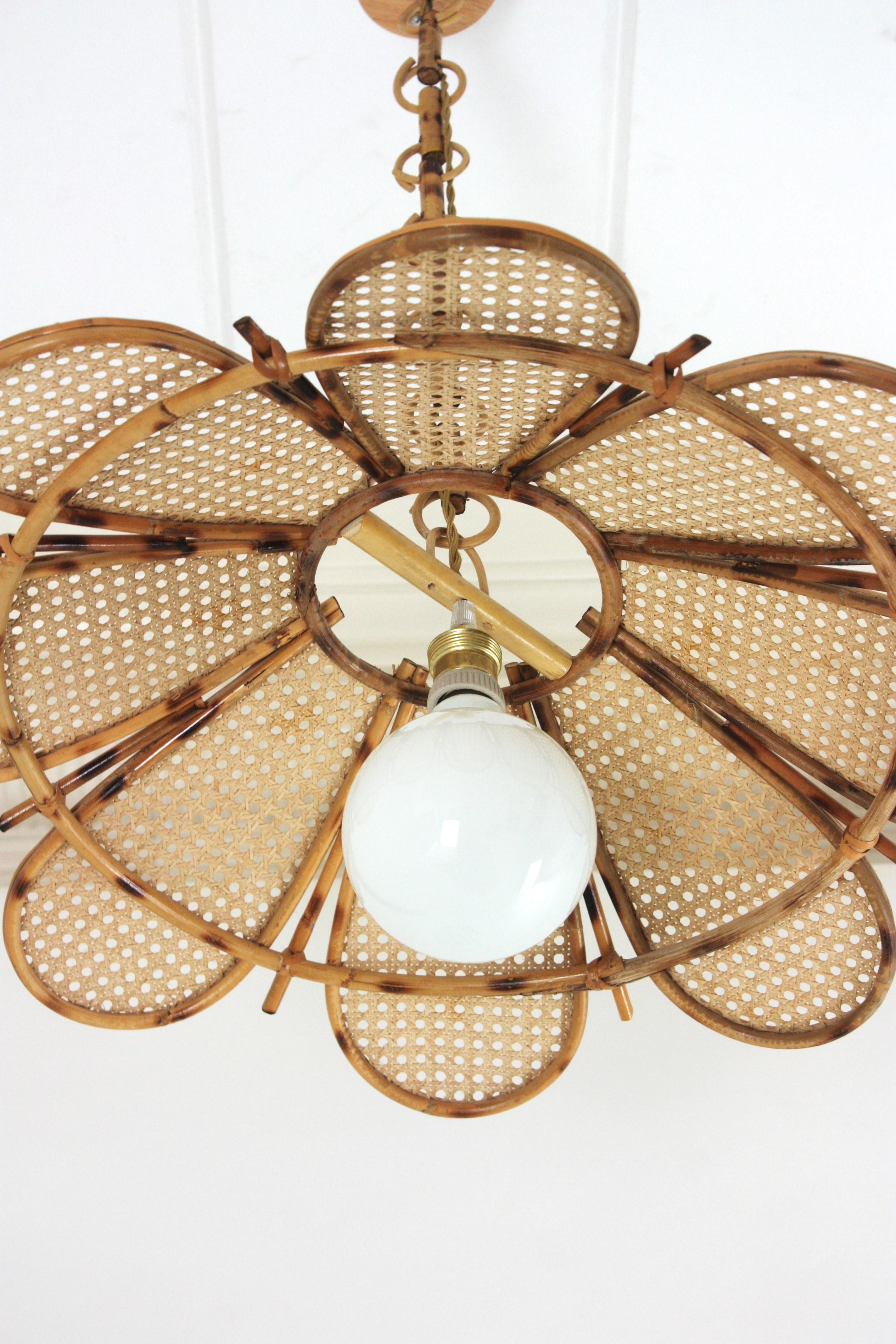 Mid-Century Modern Spanish Rattan Flower Shaped Large Pendant Hanging Light / Lantern For Sale