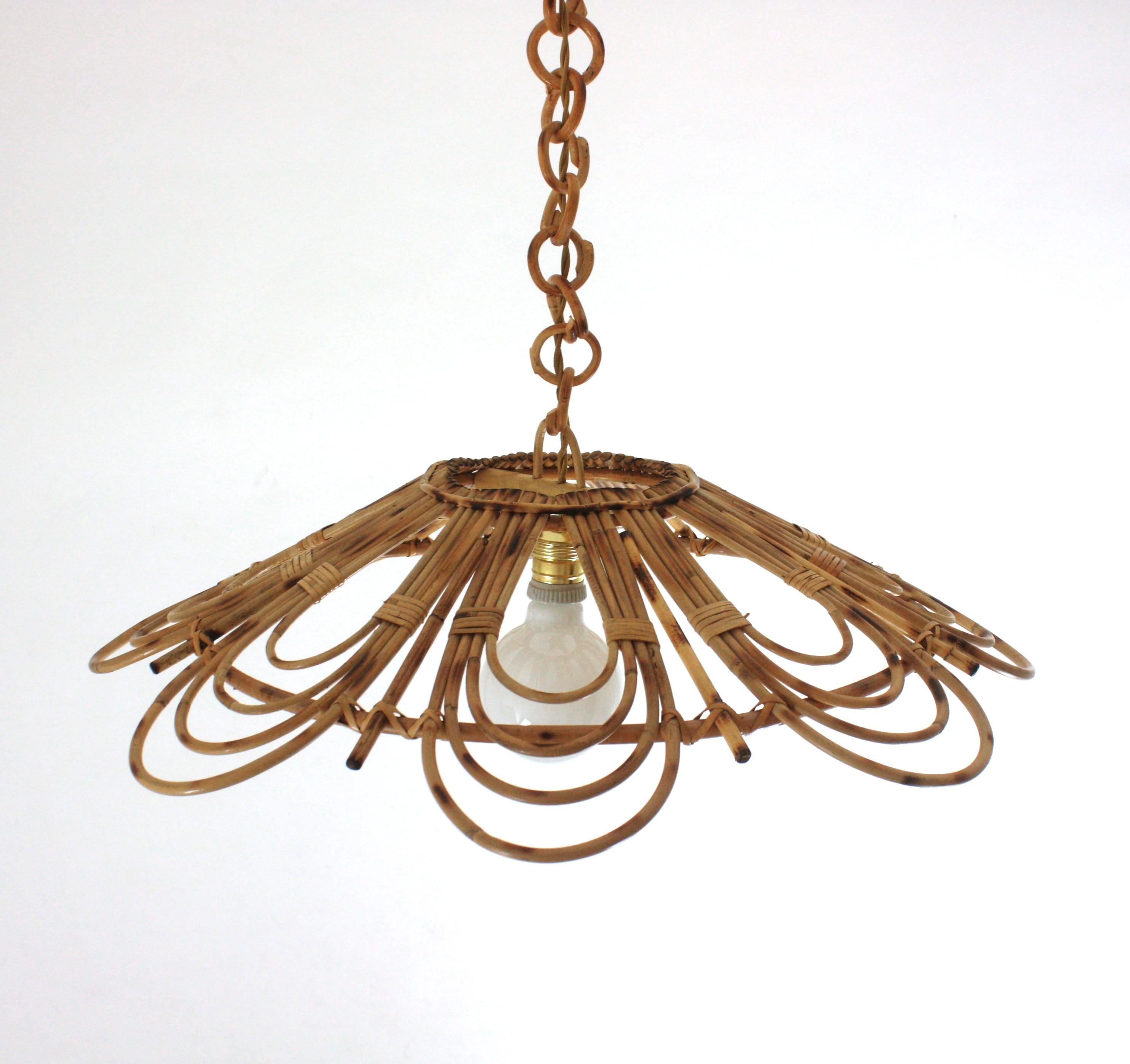 20th Century Spanish Rattan Flower Shaped Large Pendant Hanging Light / Lantern