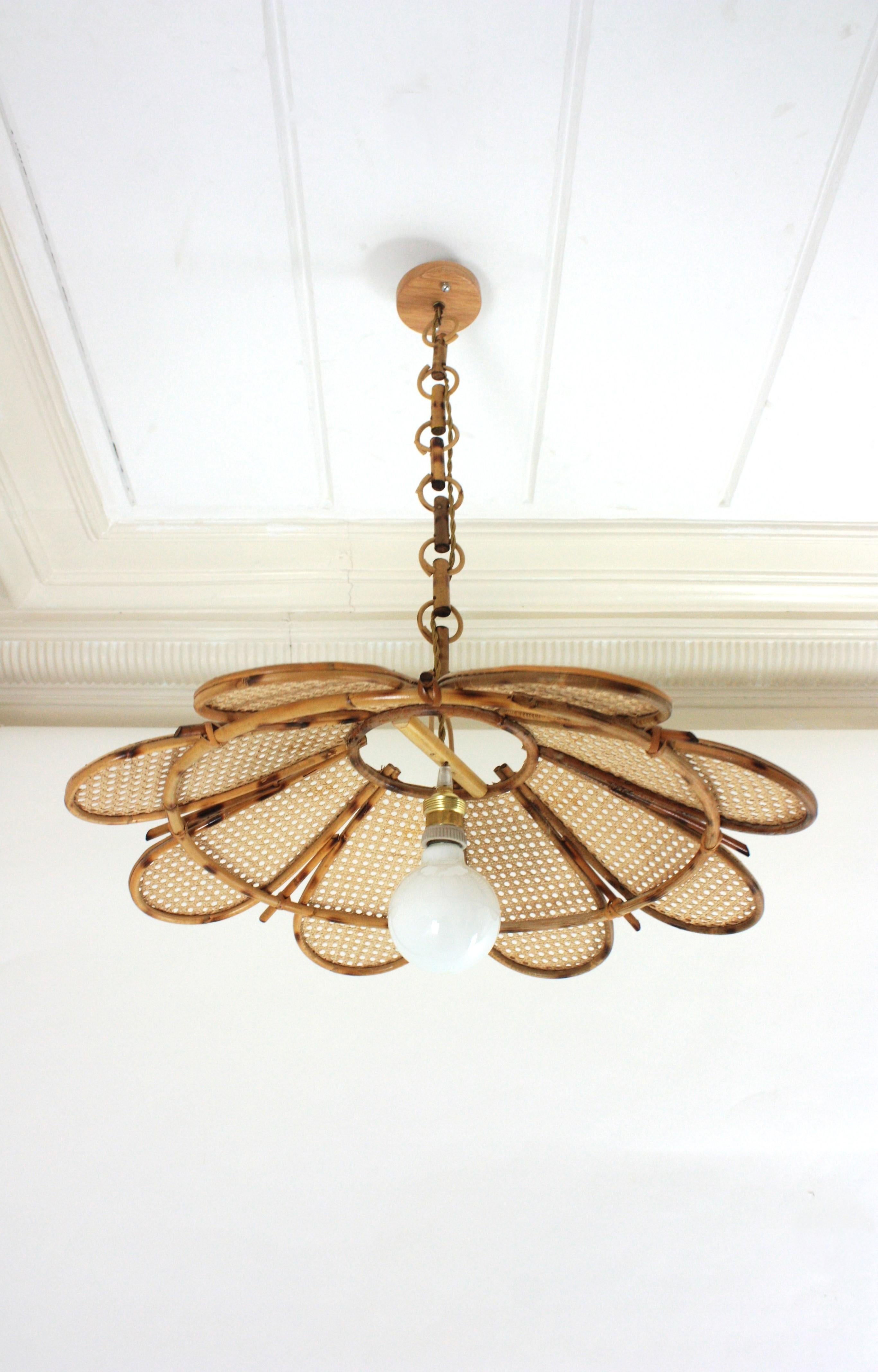 20th Century Spanish Rattan Flower Shaped Large Pendant Hanging Light / Lantern For Sale