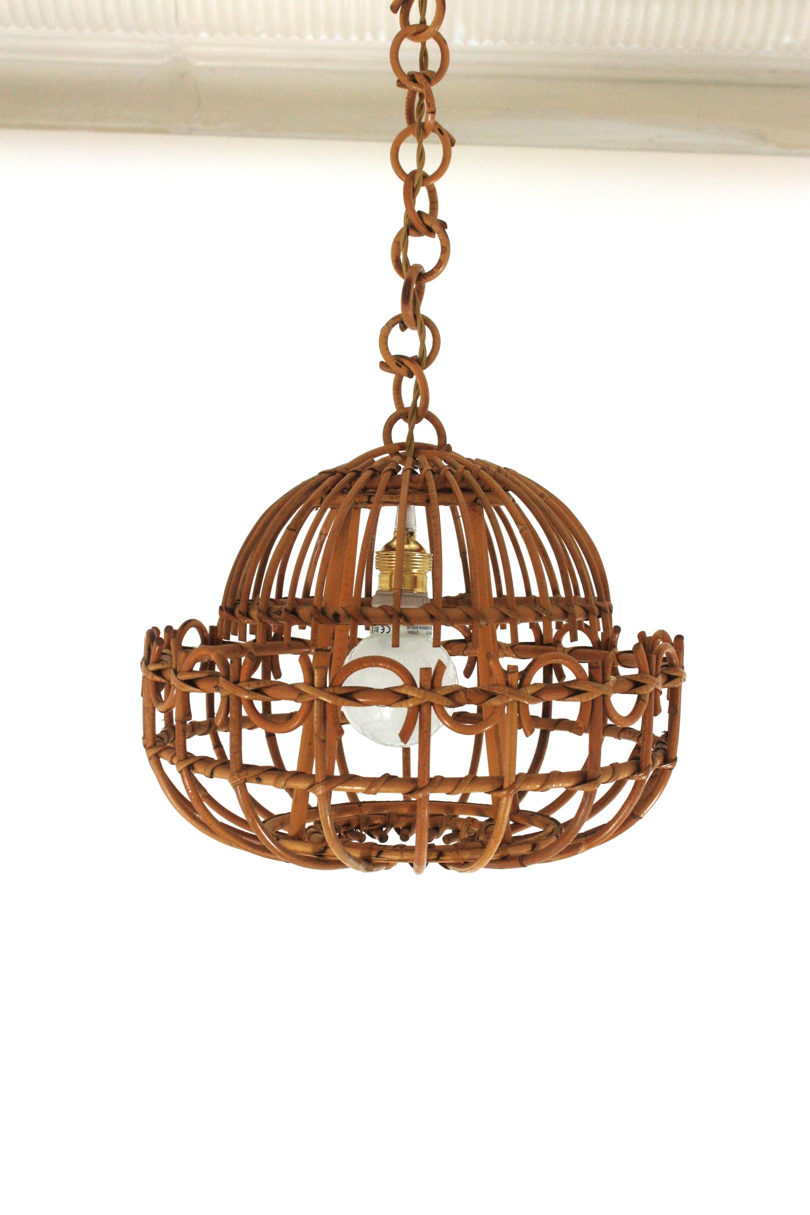 Mid-Century Modern Spanish Rattan Pendant Hanging Light / Lantern For Sale