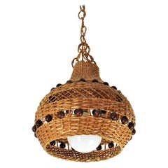 Lámpara Colgante / Farol de Ratán Español con Detalles de Bolas