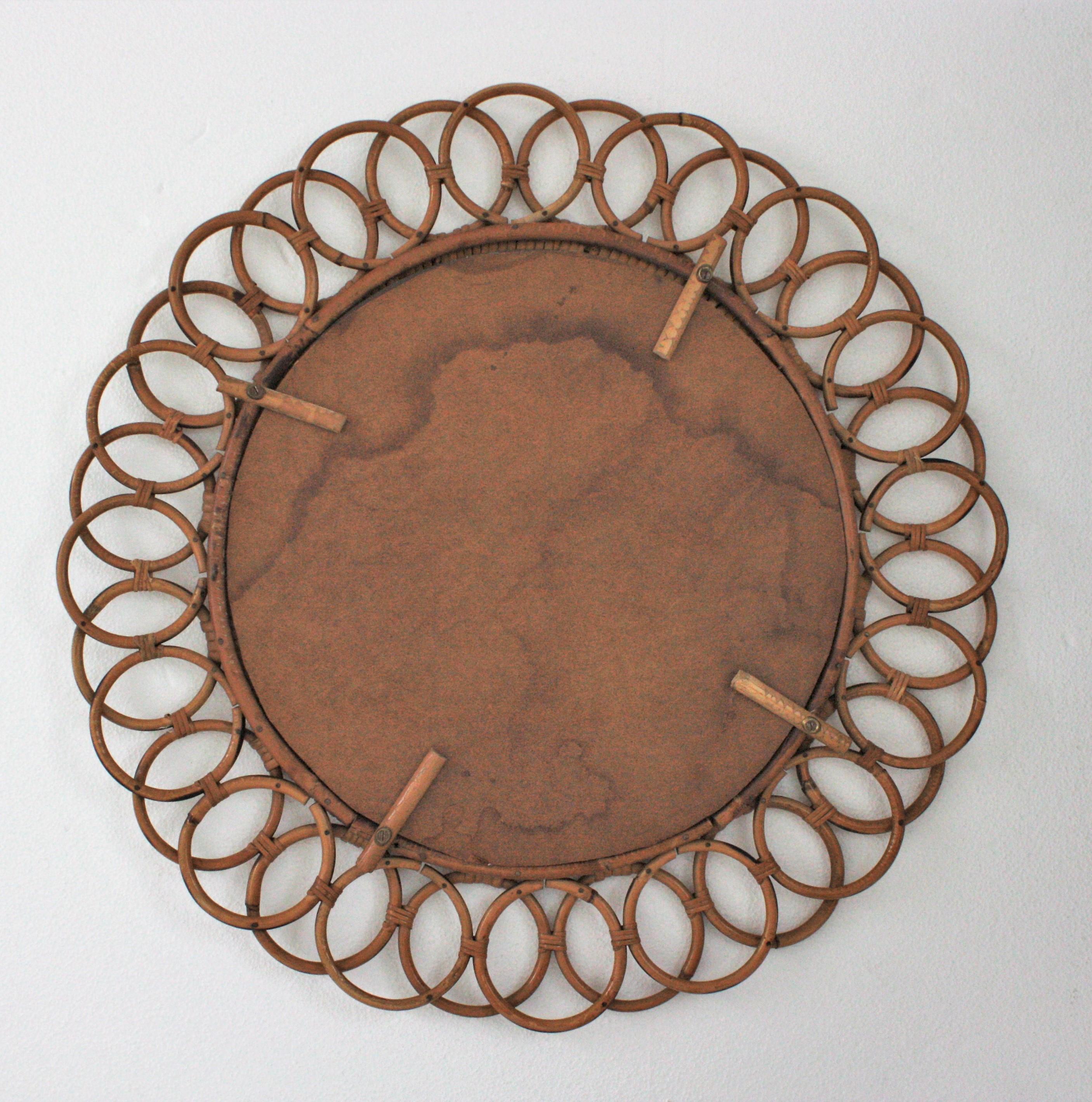 Spanish Rattan Round Mirror with Rings Frame For Sale 4