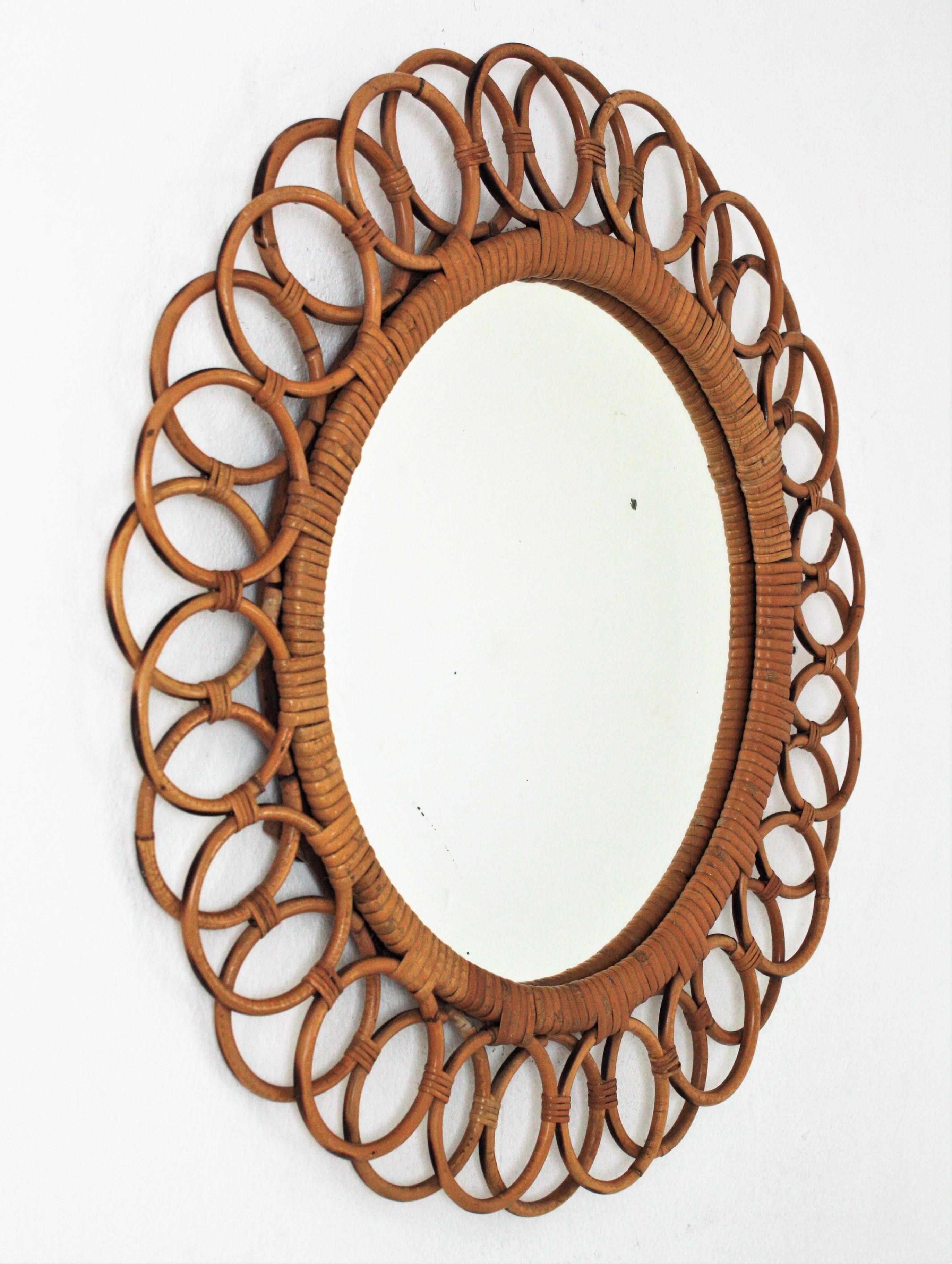 Hand-Crafted Spanish Rattan Round Mirror with Rings Frame For Sale