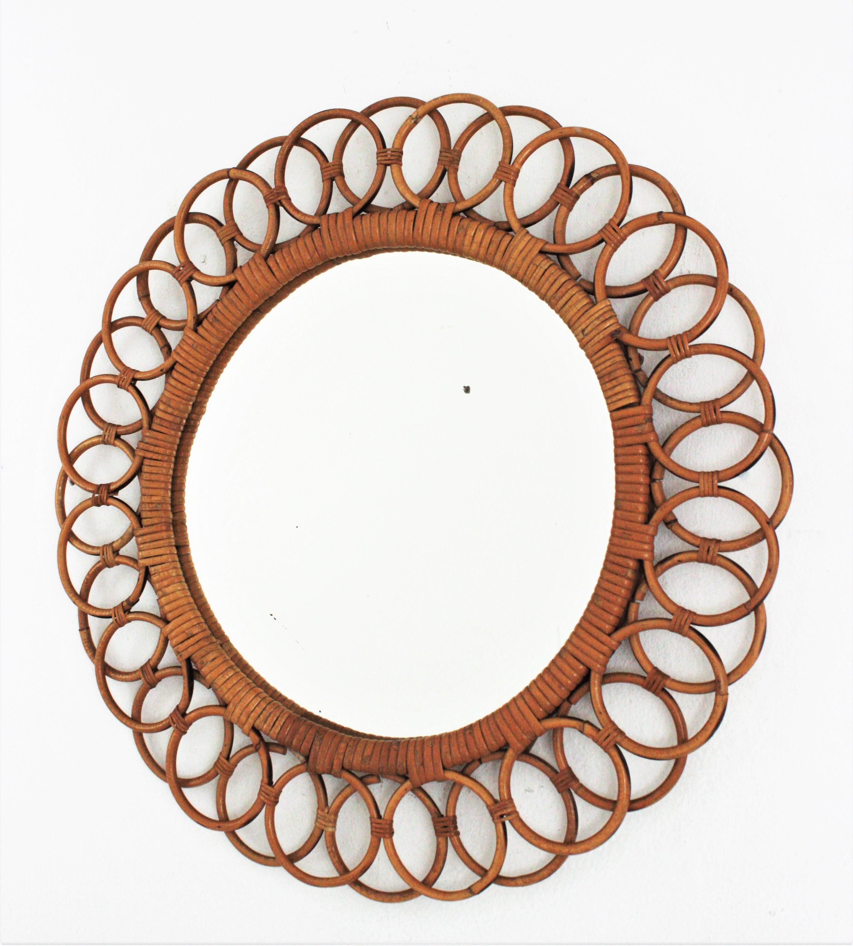 Spanish Rattan Round Mirror with Rings Frame For Sale 1