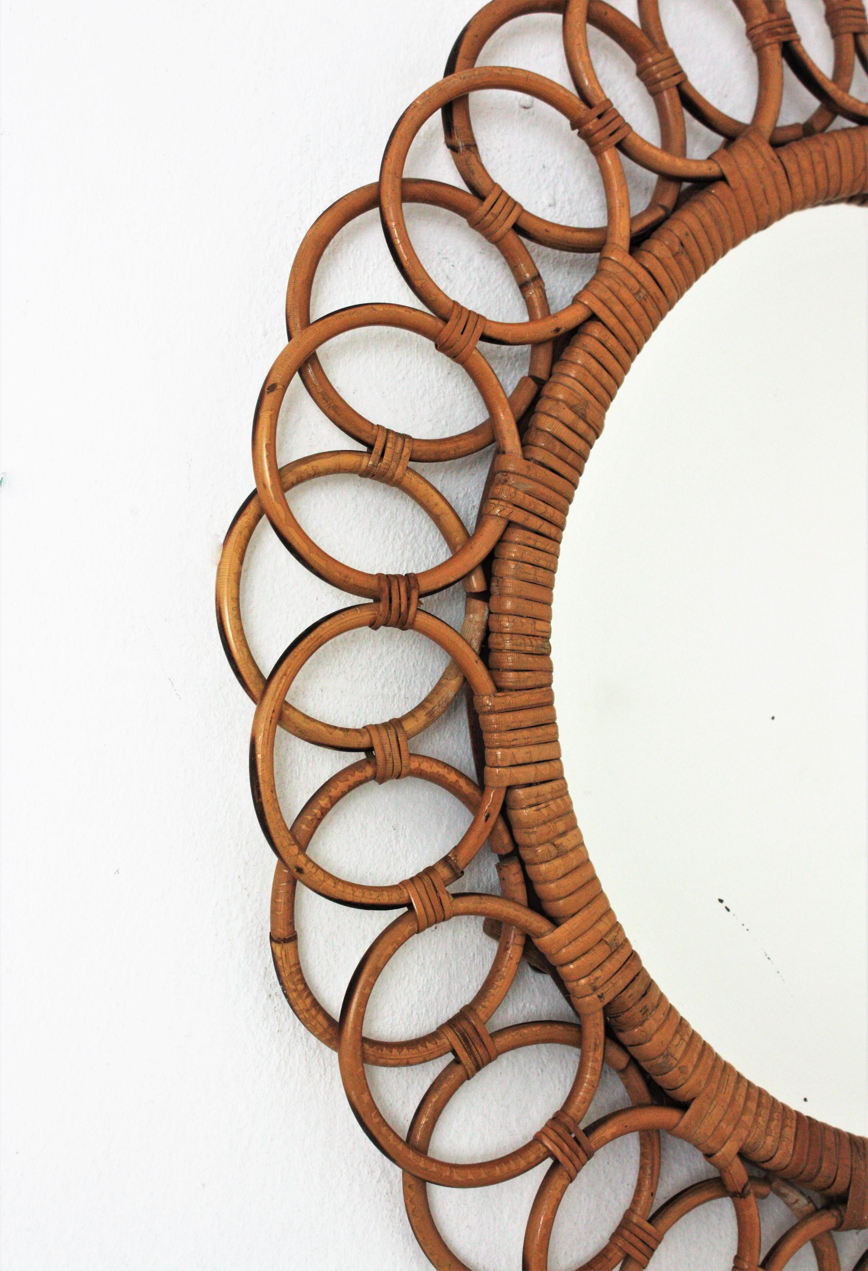 Spanish Rattan Round Mirror with Rings Frame For Sale 2