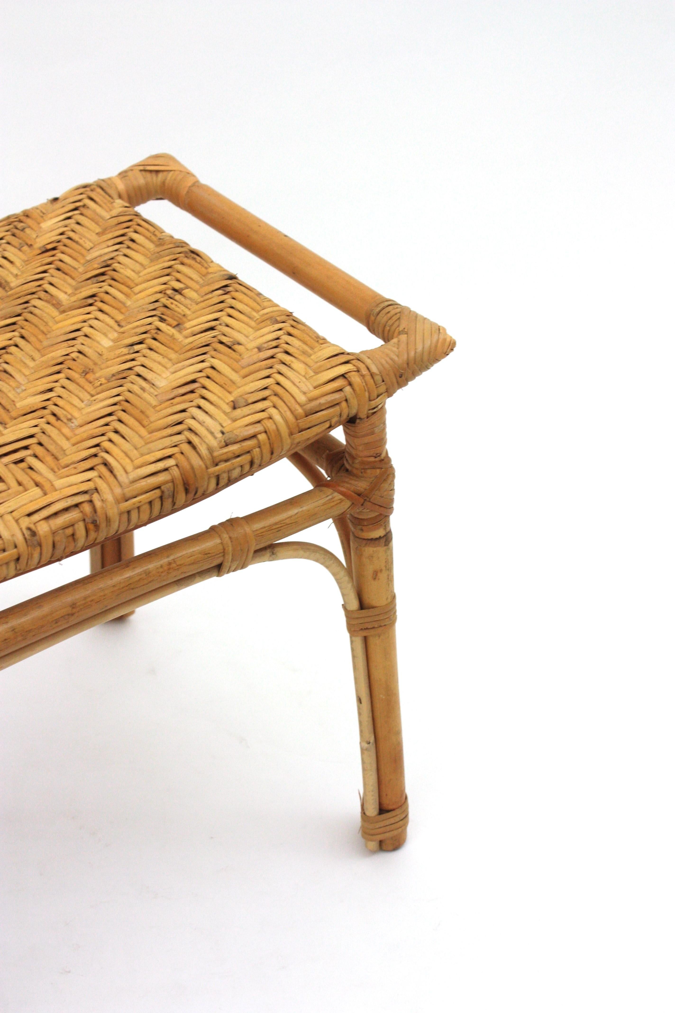 Spanish Rattan Stool or Small Bench with Cane Seat For Sale 3