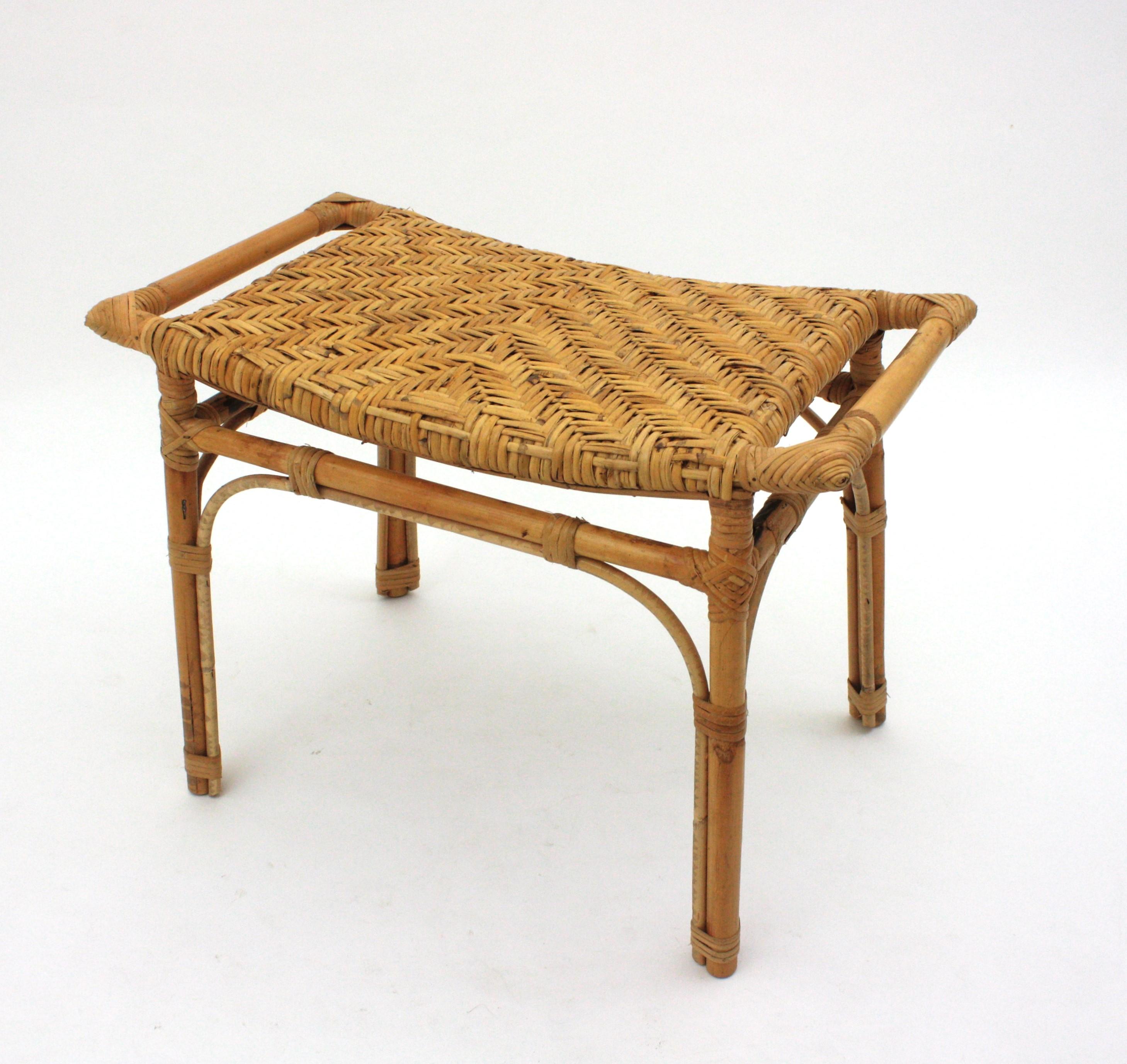 Spanish Rattan Stool or Small Bench with Cane Seat For Sale 4