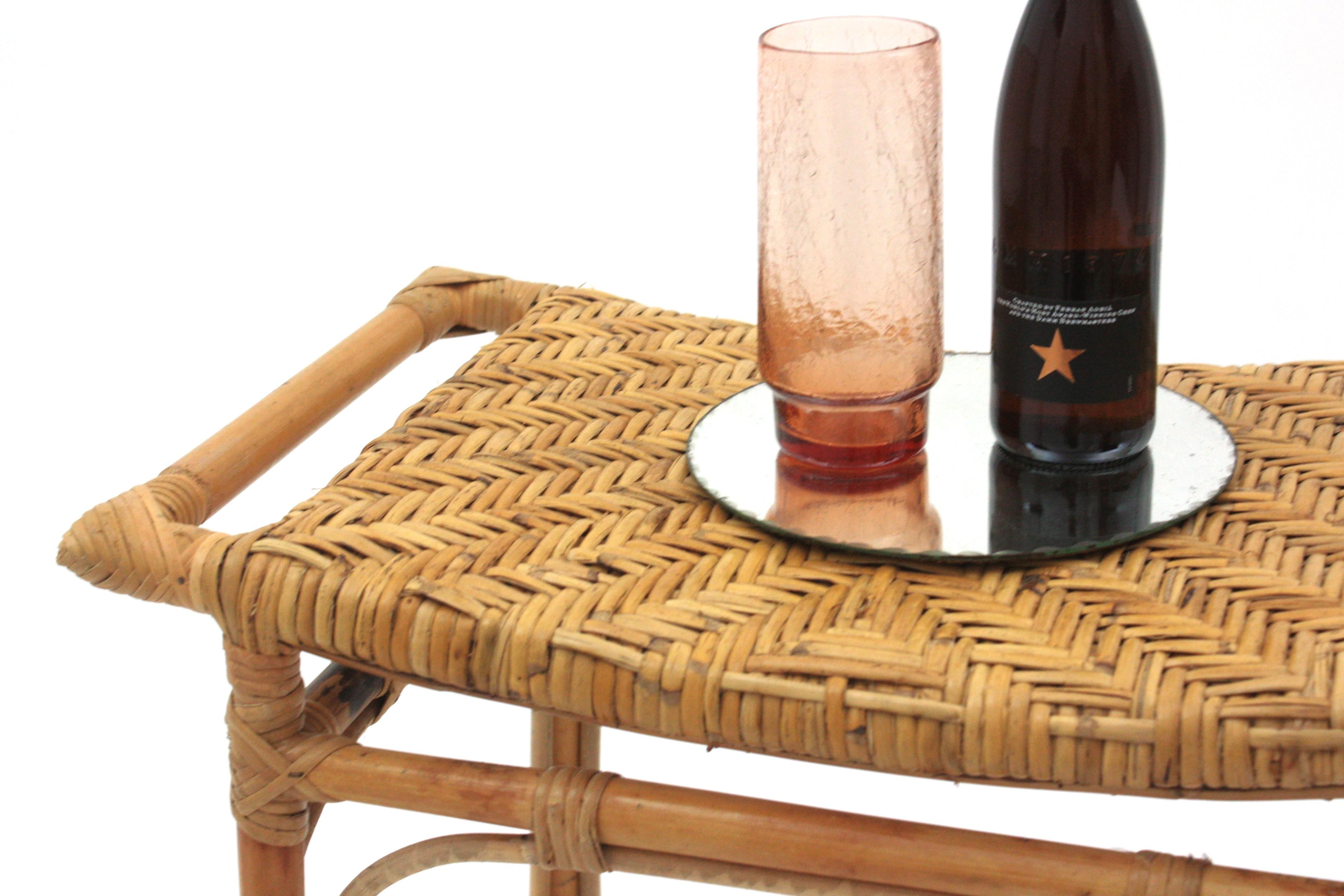 Spanish Rattan Stool or Small Bench with Cane Seat For Sale 5