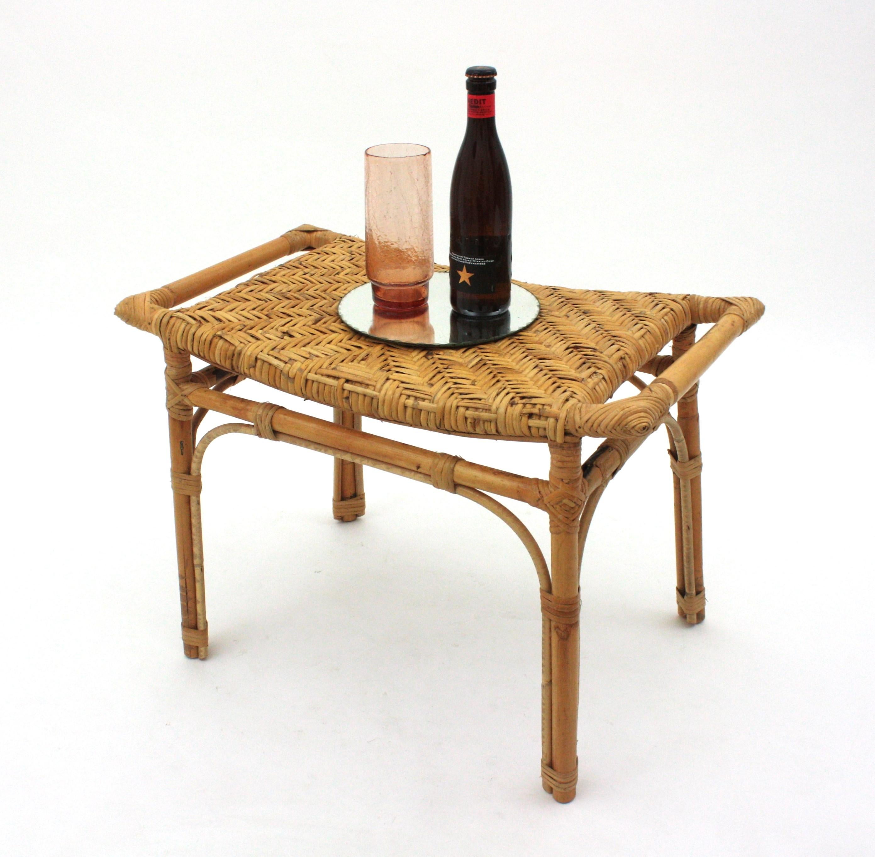 Spanish Rattan Stool or Small Bench with Cane Seat For Sale 6