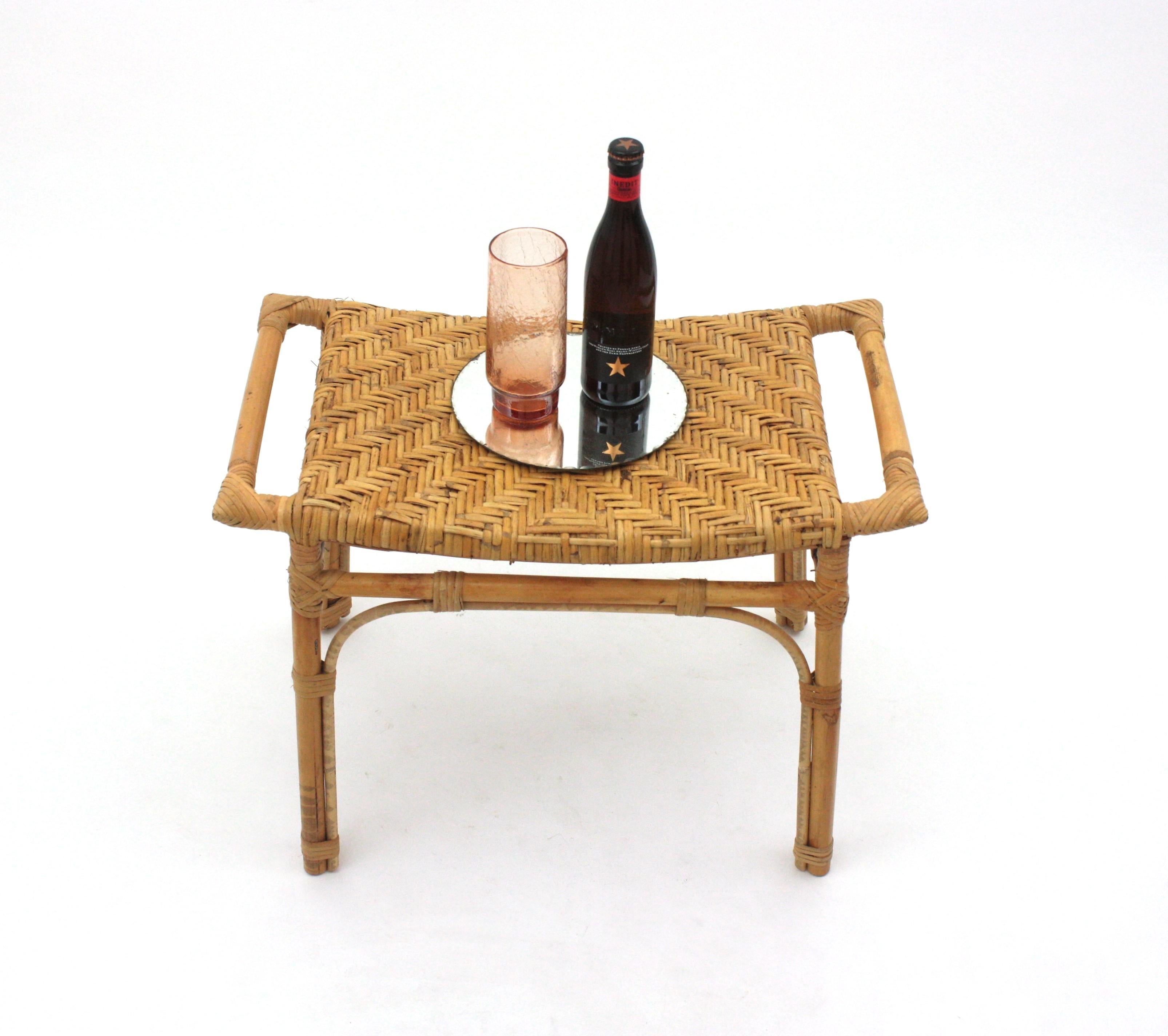 Spanish Rattan Stool or Small Bench with Cane Seat For Sale 7