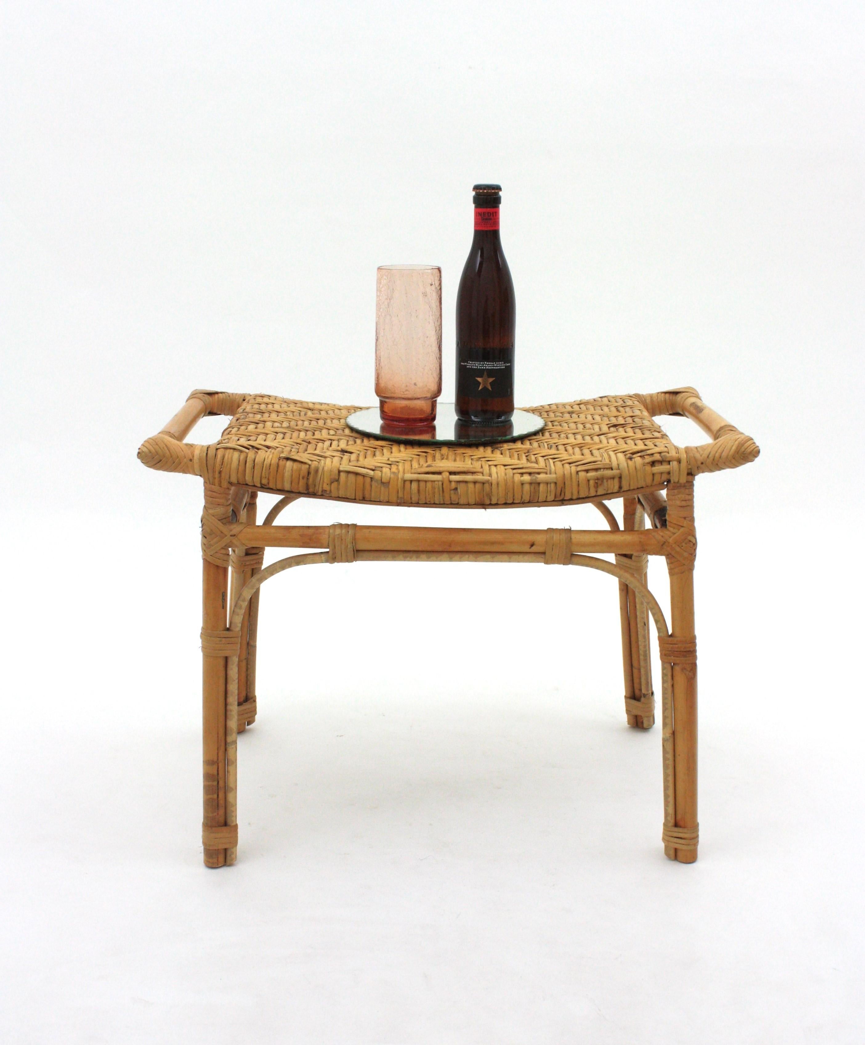 Spanish Rattan Stool or Small Bench with Cane Seat For Sale 8