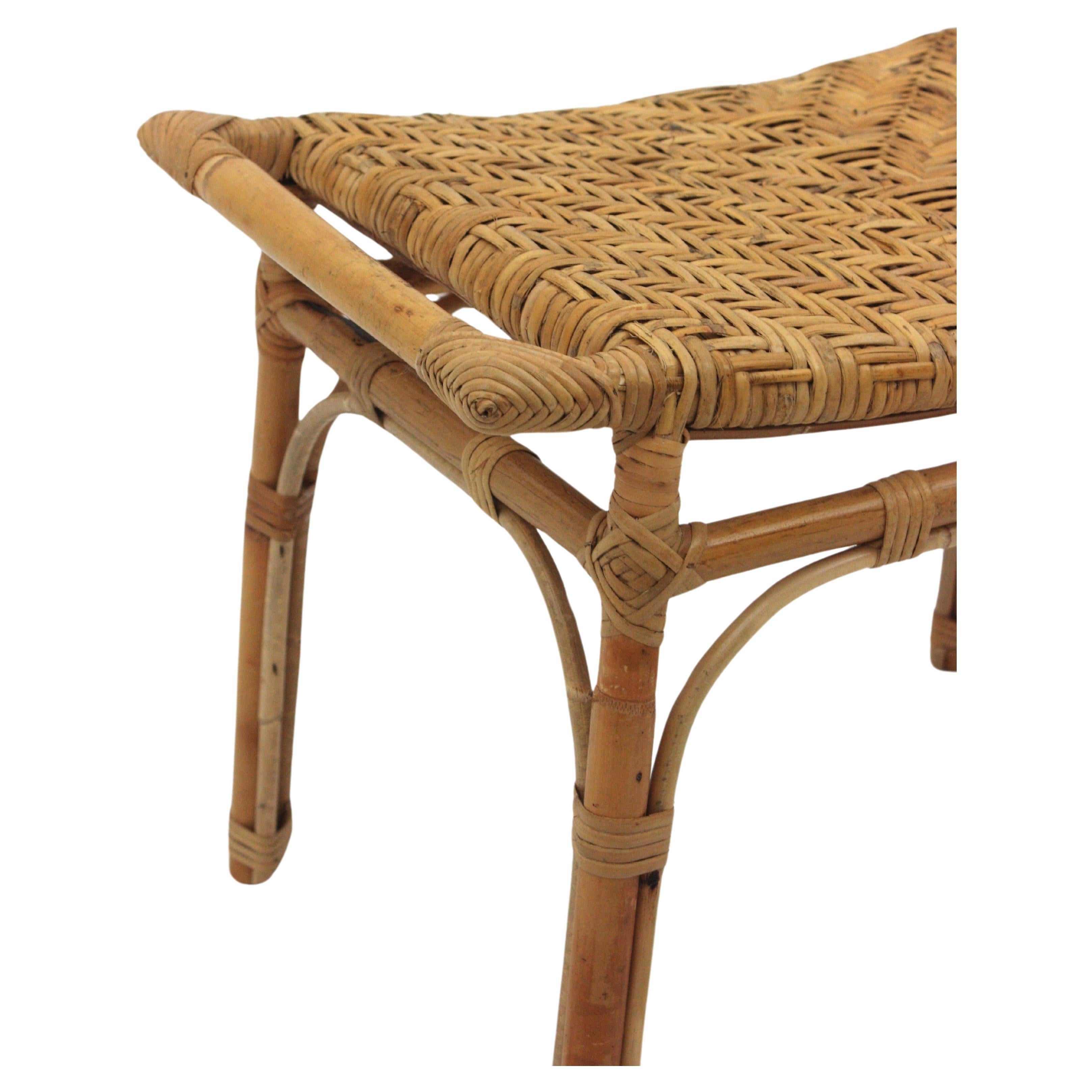 Spanish Rattan Stool or Small Bench with Cane Seat For Sale 9
