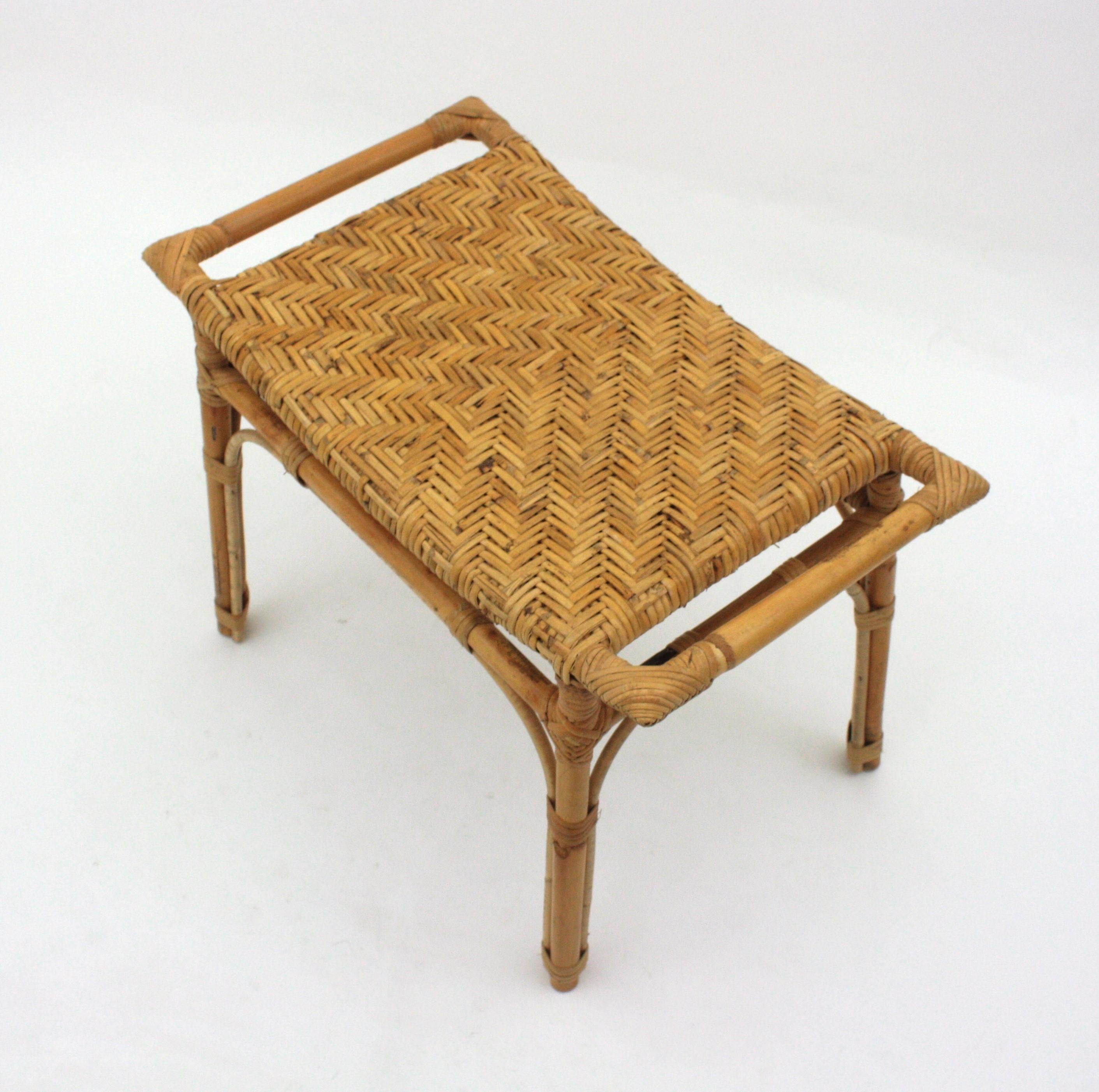 Spanish Rattan Stool or Small Bench with Cane Seat For Sale 10