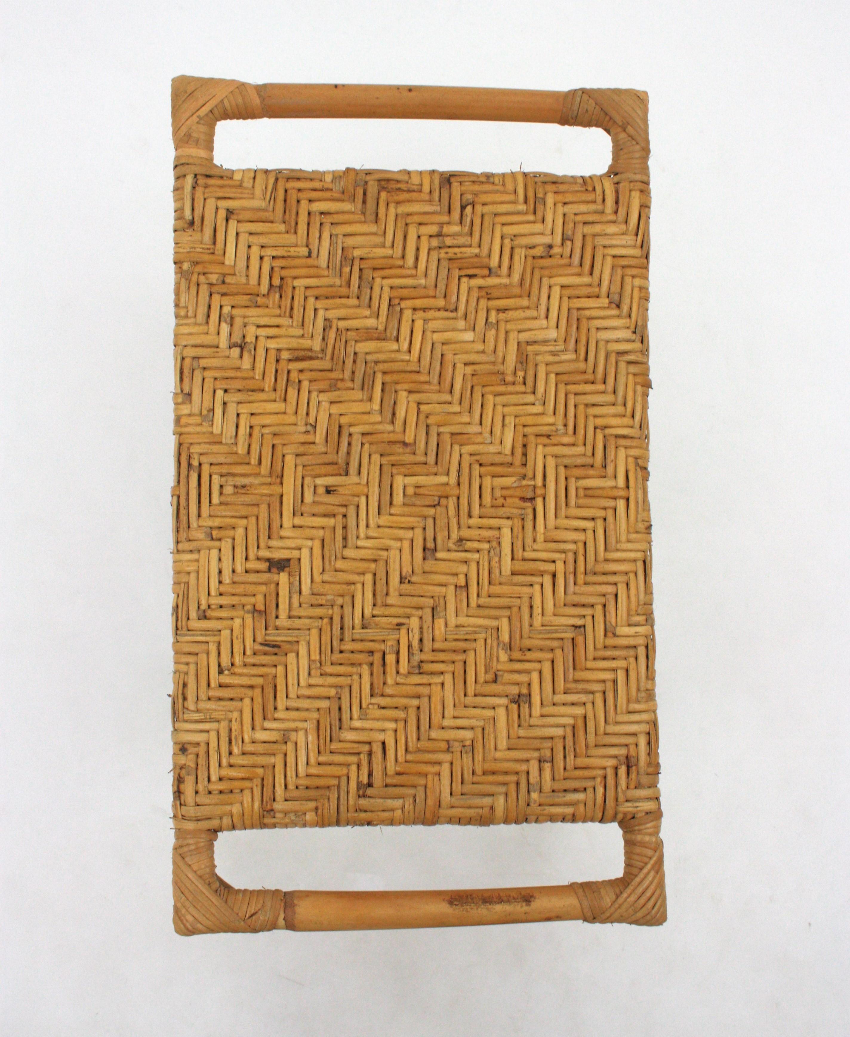 Spanish Rattan Stool or Small Bench with Cane Seat For Sale 11