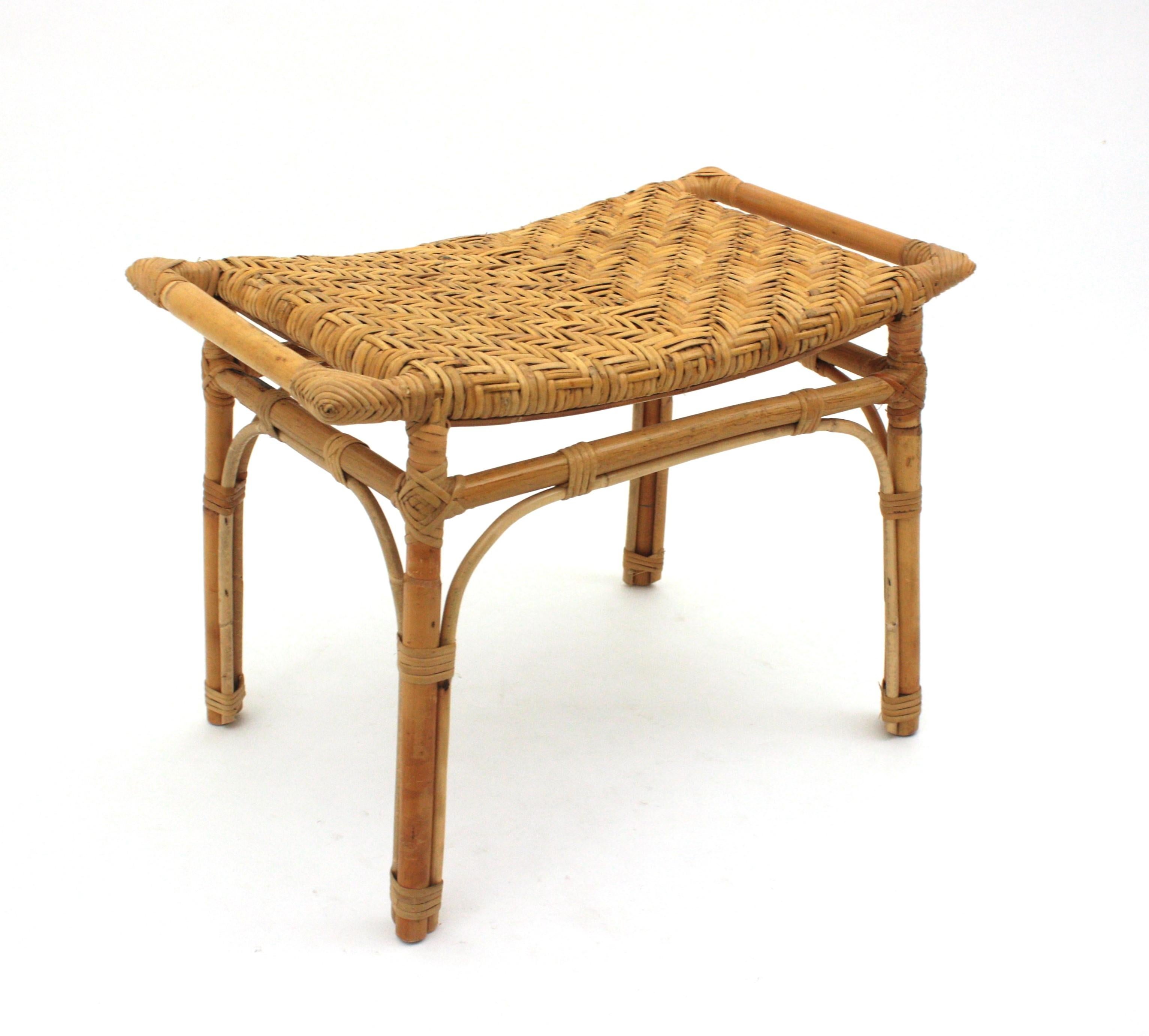 20th Century Spanish Rattan Stool or Small Bench with Cane Seat For Sale