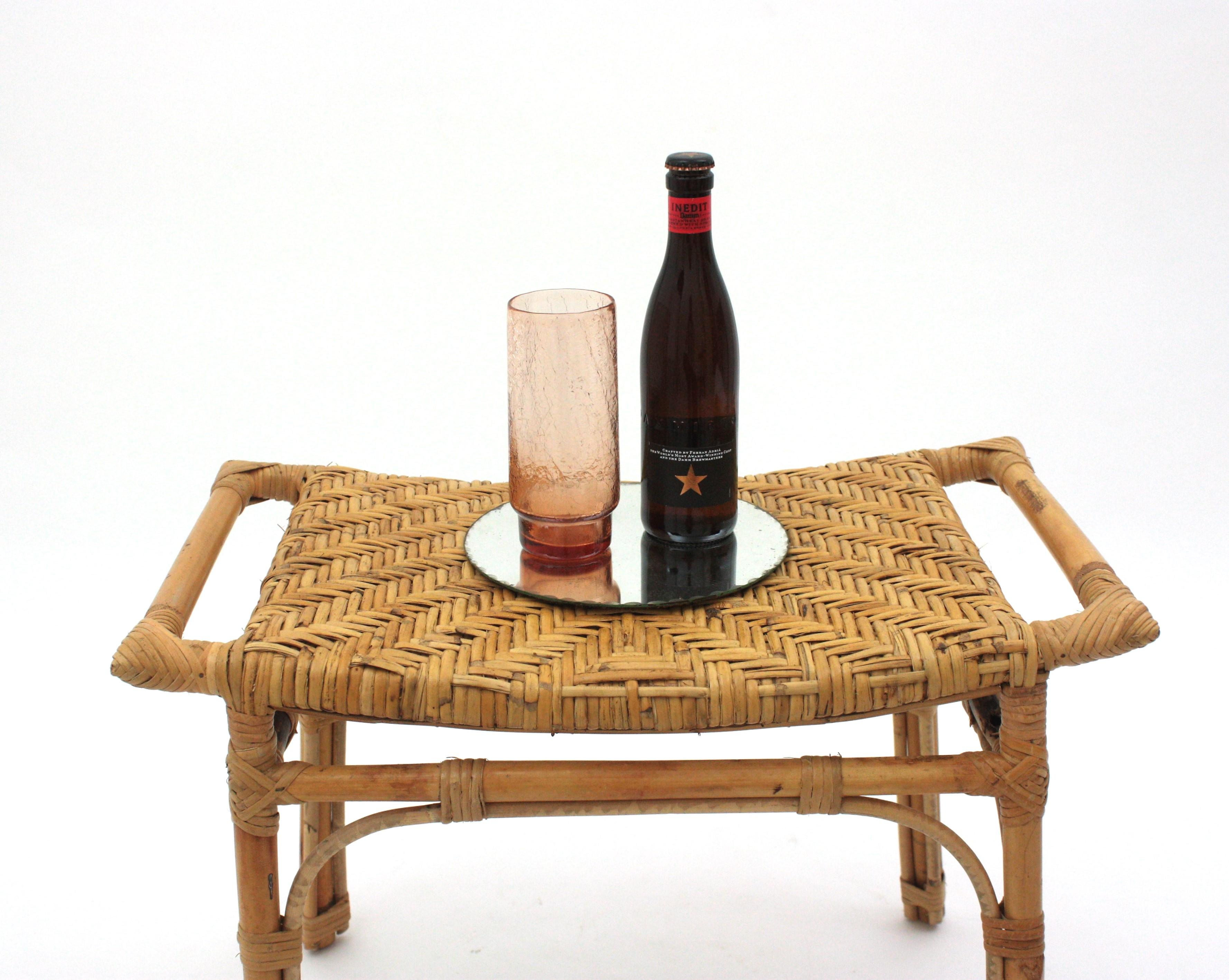 Bamboo Spanish Rattan Stool or Small Bench with Cane Seat For Sale