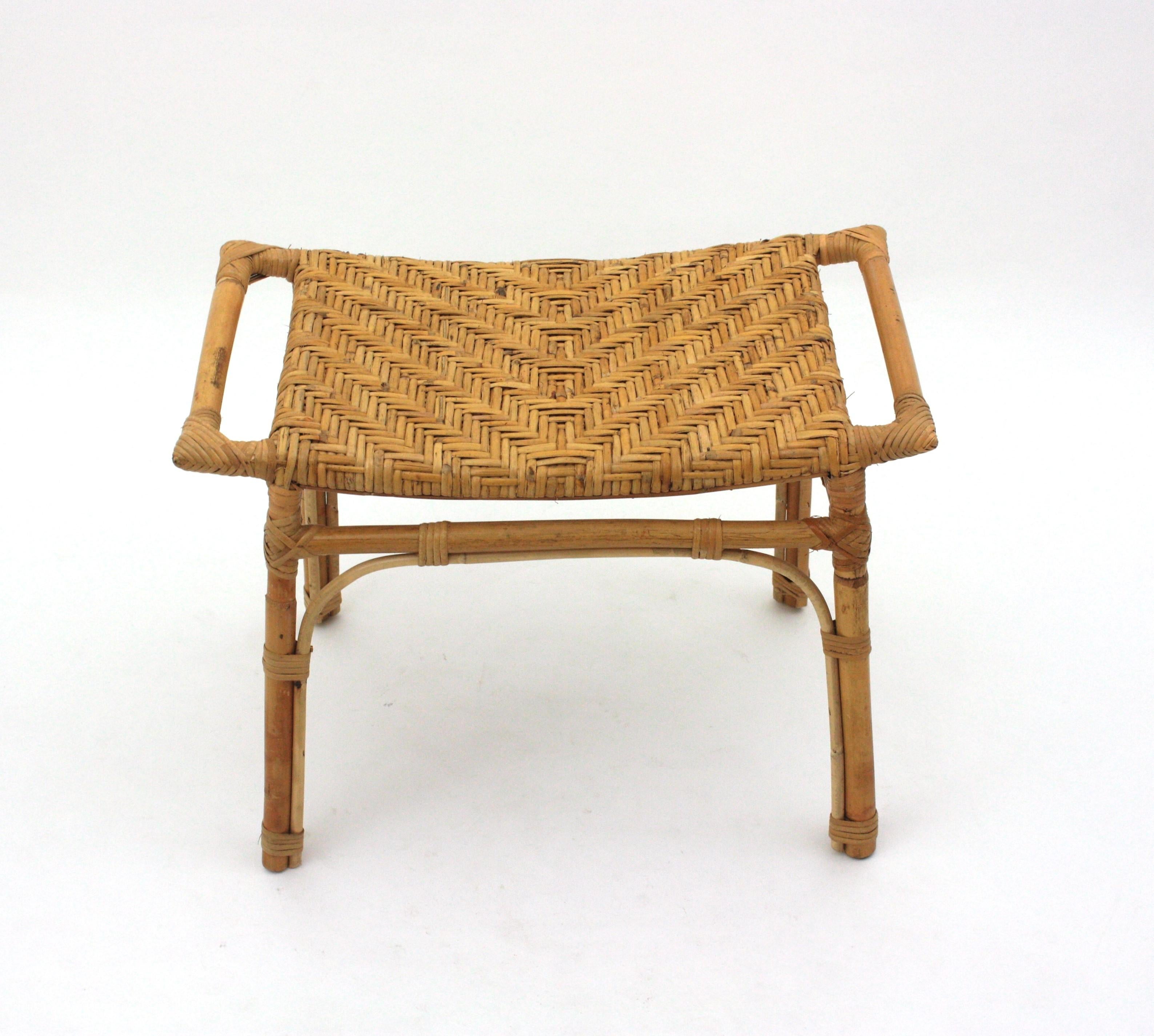 Spanish Rattan Stool or Small Bench with Cane Seat For Sale 1