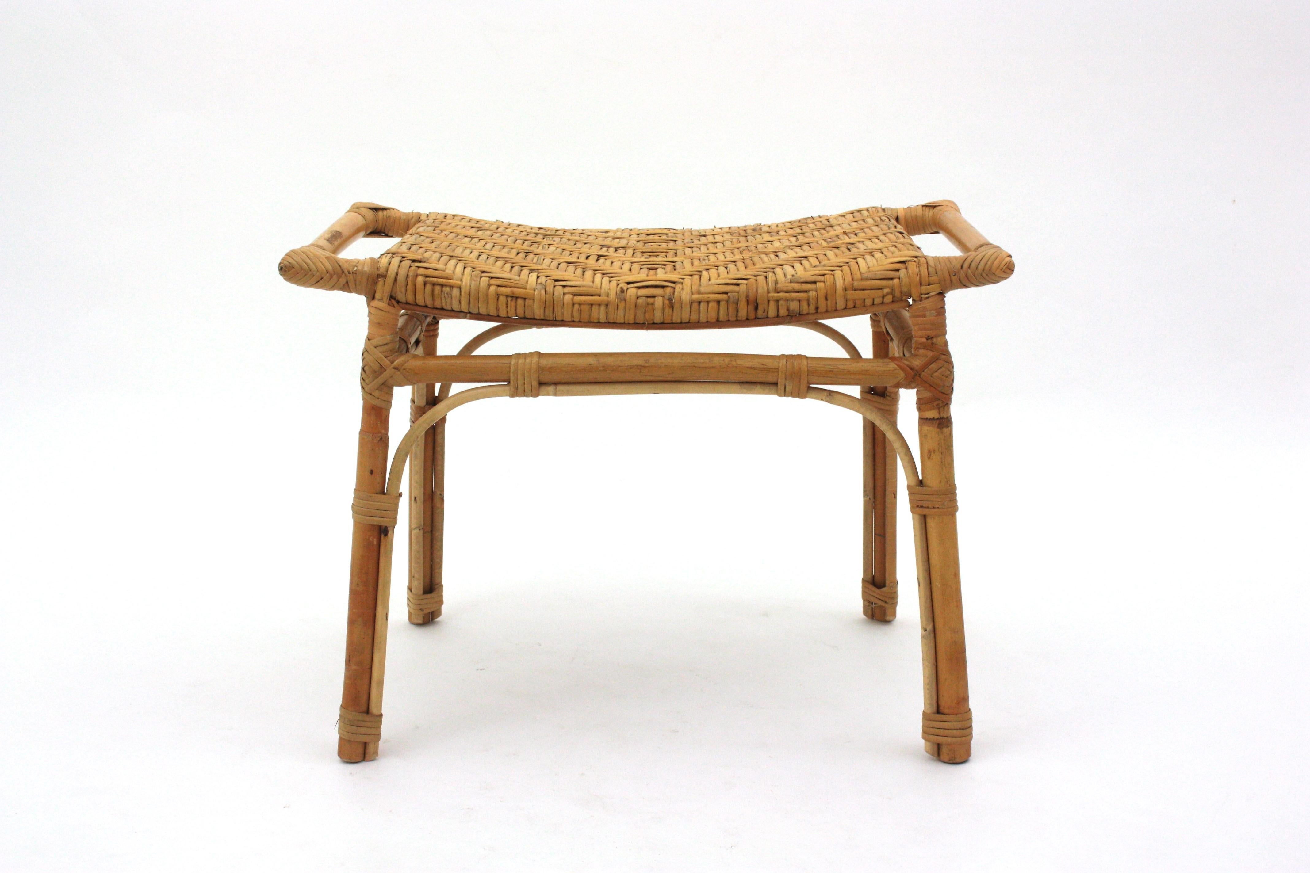 Spanish Rattan Stool or Small Bench with Cane Seat For Sale 2