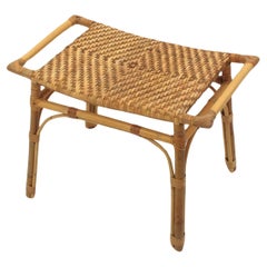 Vintage Spanish Rattan Stool or Small Bench with Cane Seat