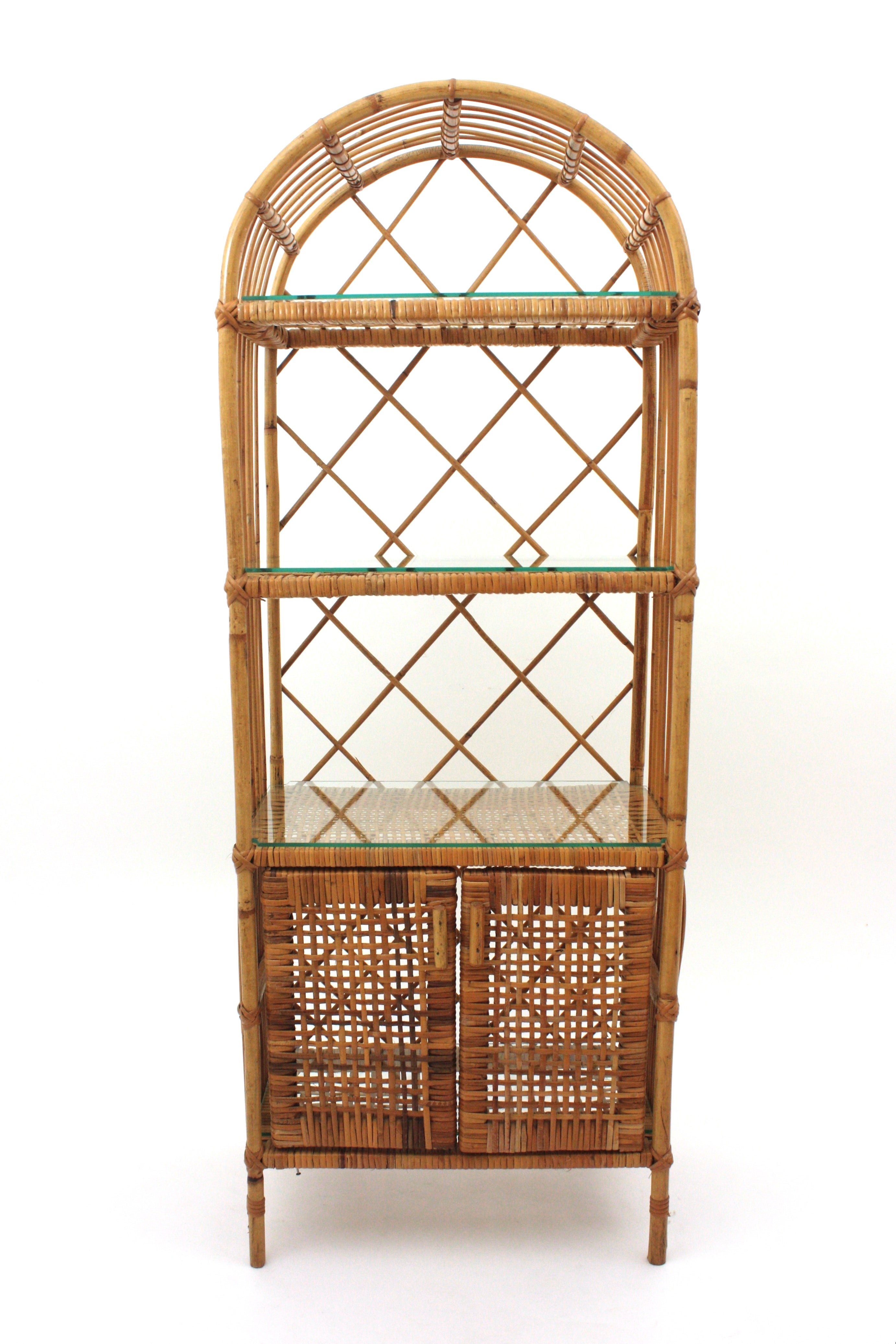 Mid-Century Modern Spanish Rattan Tall Storage Cabinet or Bookcase, 1960s For Sale