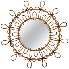 Spanish Rattan and Wicker Flower Burst Mirror with Loops and Pyrography Details