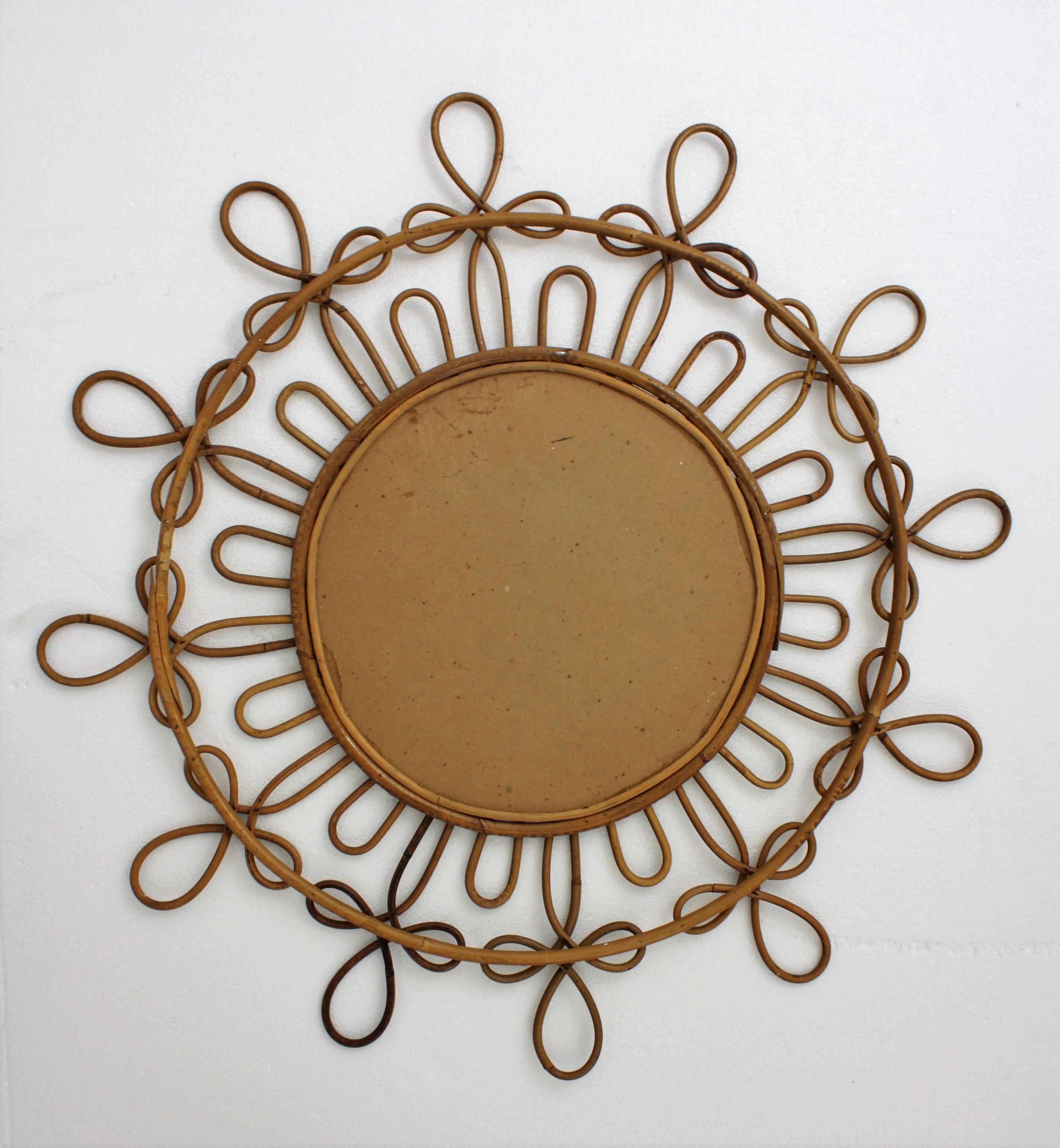 Spanish Rattan and Wicker Flower Burst Mirror with Loops and Pyrography Details 3