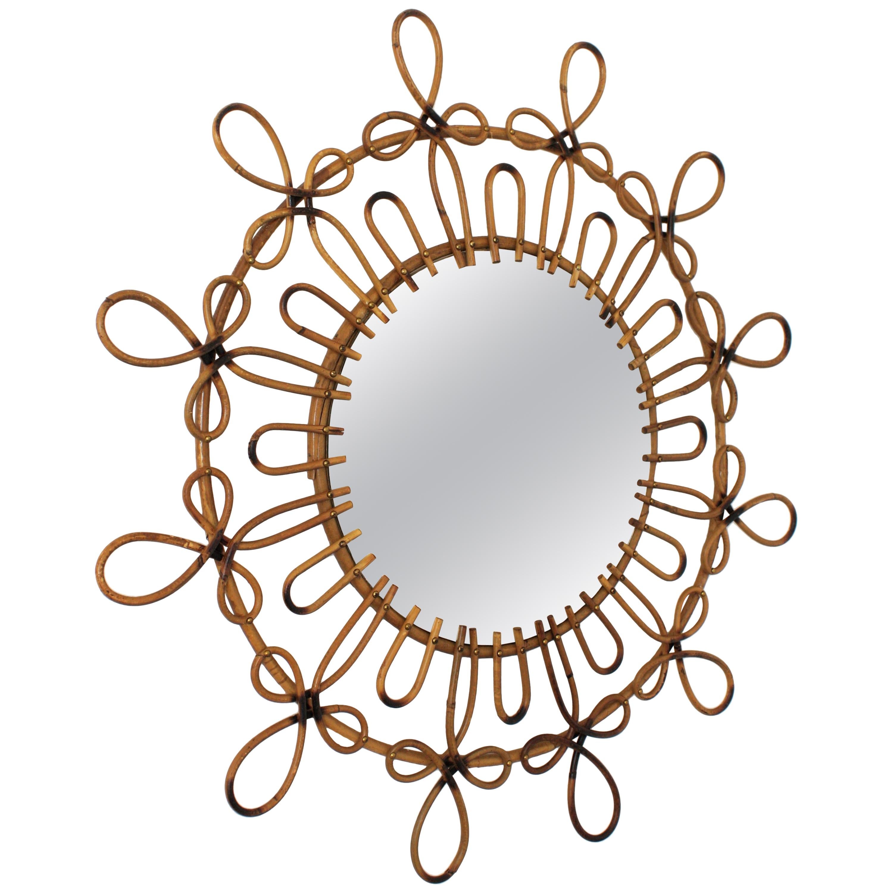 Spanish Rattan and Wicker Flower Burst Mirror with Loops and Pyrography Details