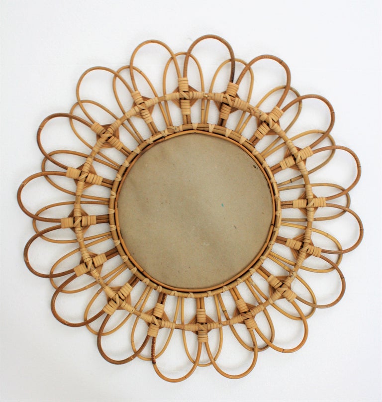 Spanish Rattan and Wicker Sunburst Flower Wall Mirror with Rhombus