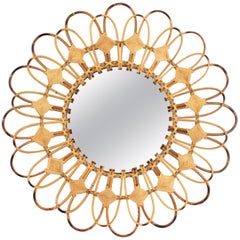 Spanish Rattan & Wicker Sunburst Flower Wall Mirror with Rhombus Decorations