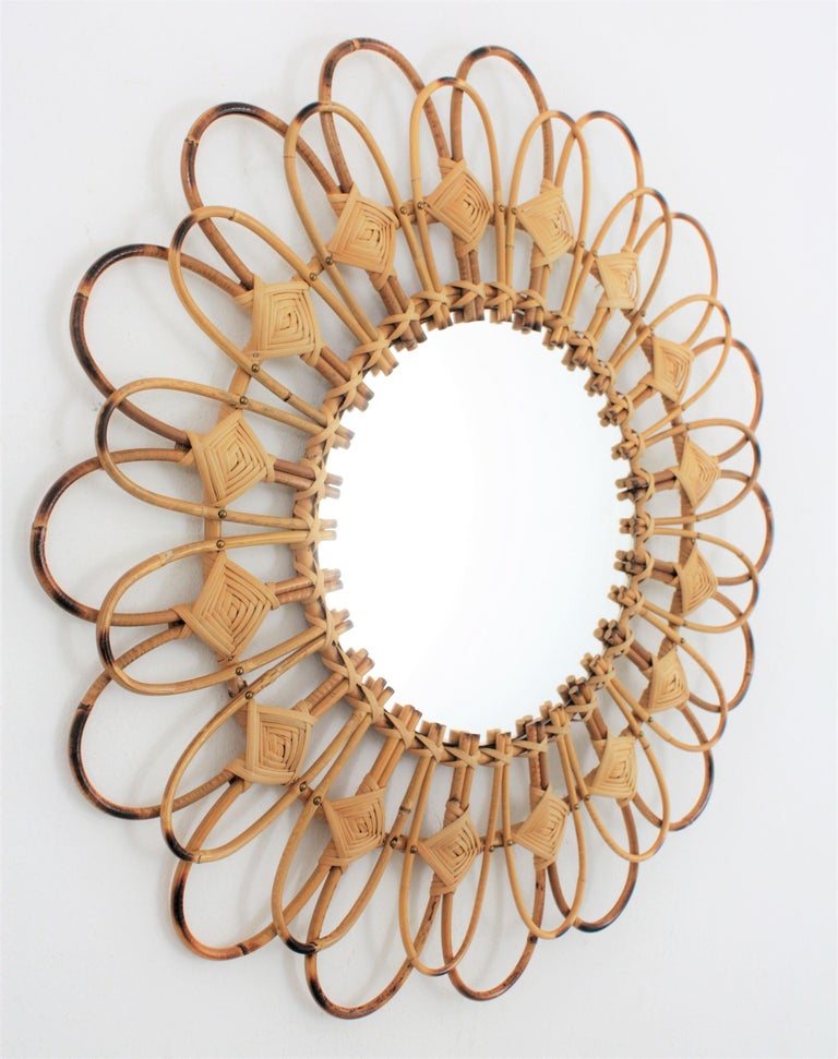 Spanish Rattan and Wicker Sunburst Flower Wall Mirror with Rhombus