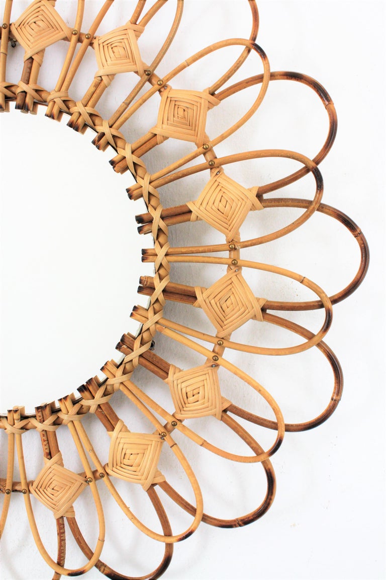 Spanish Rattan and Wicker Sunburst Flower Wall Mirror with Rhombus