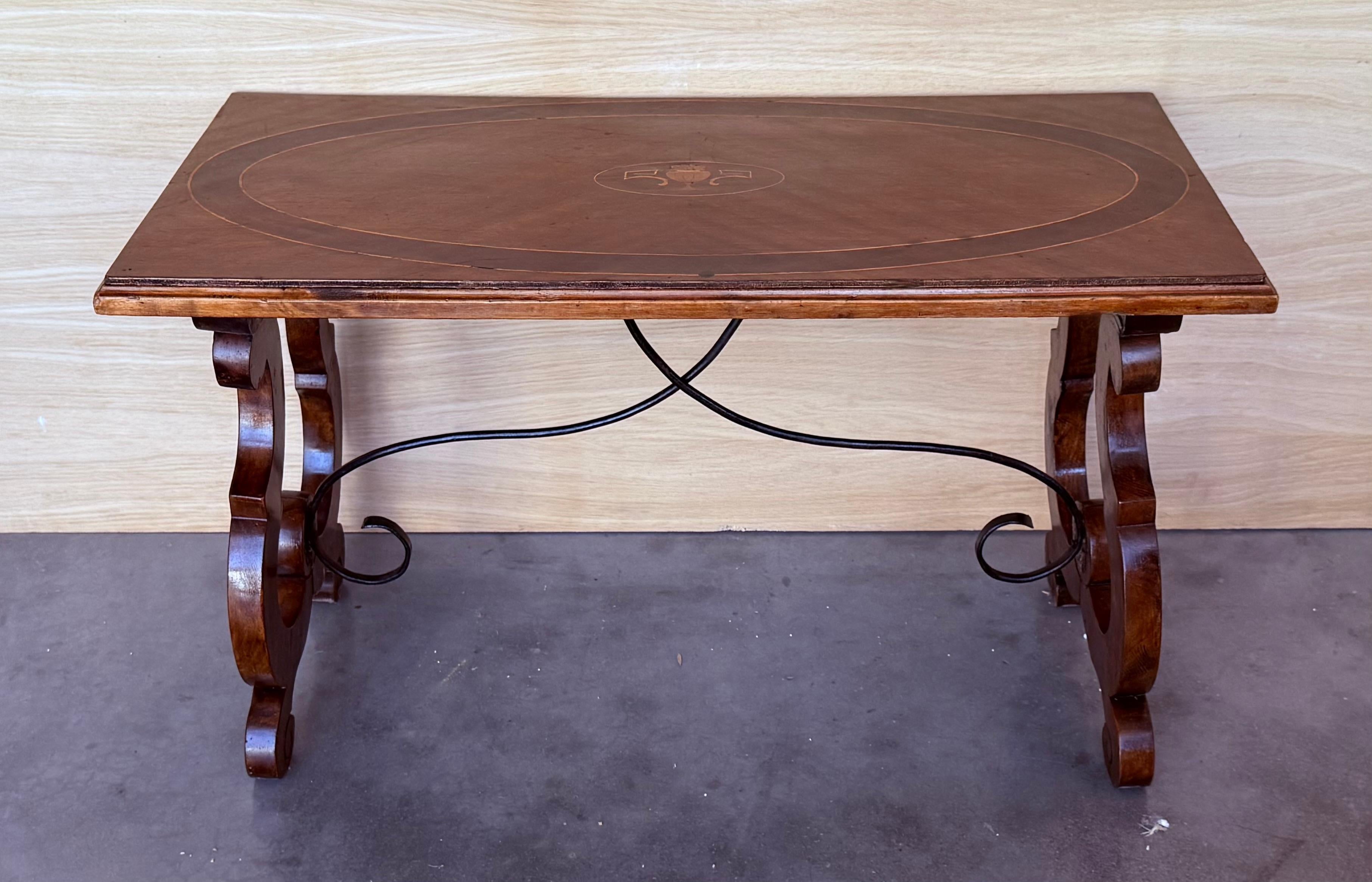 Spanish Colonial Spanish rectangular coffee table with lyre Legs and marquetry top For Sale