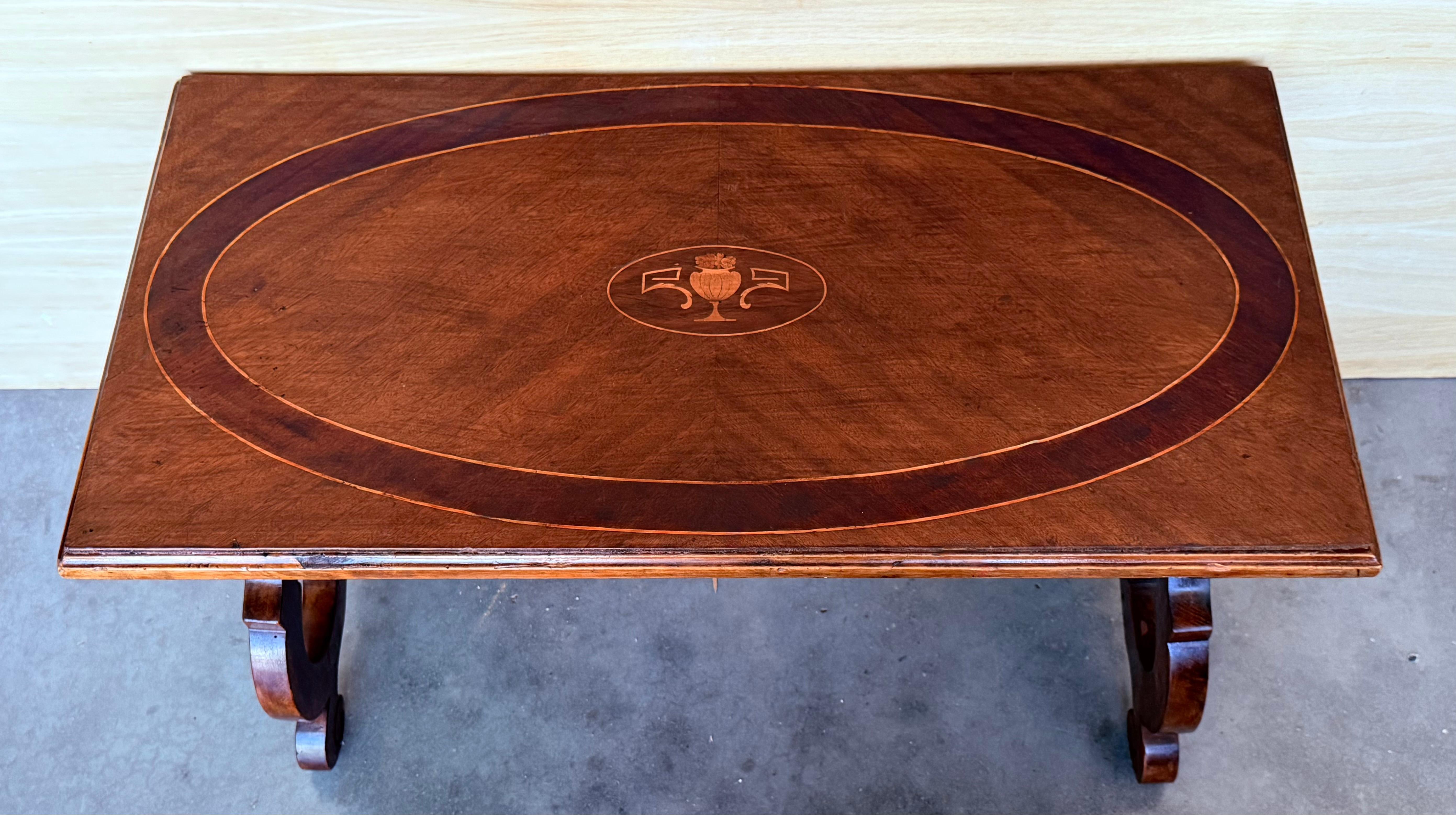 20th Century Spanish rectangular coffee table with lyre Legs and marquetry top For Sale