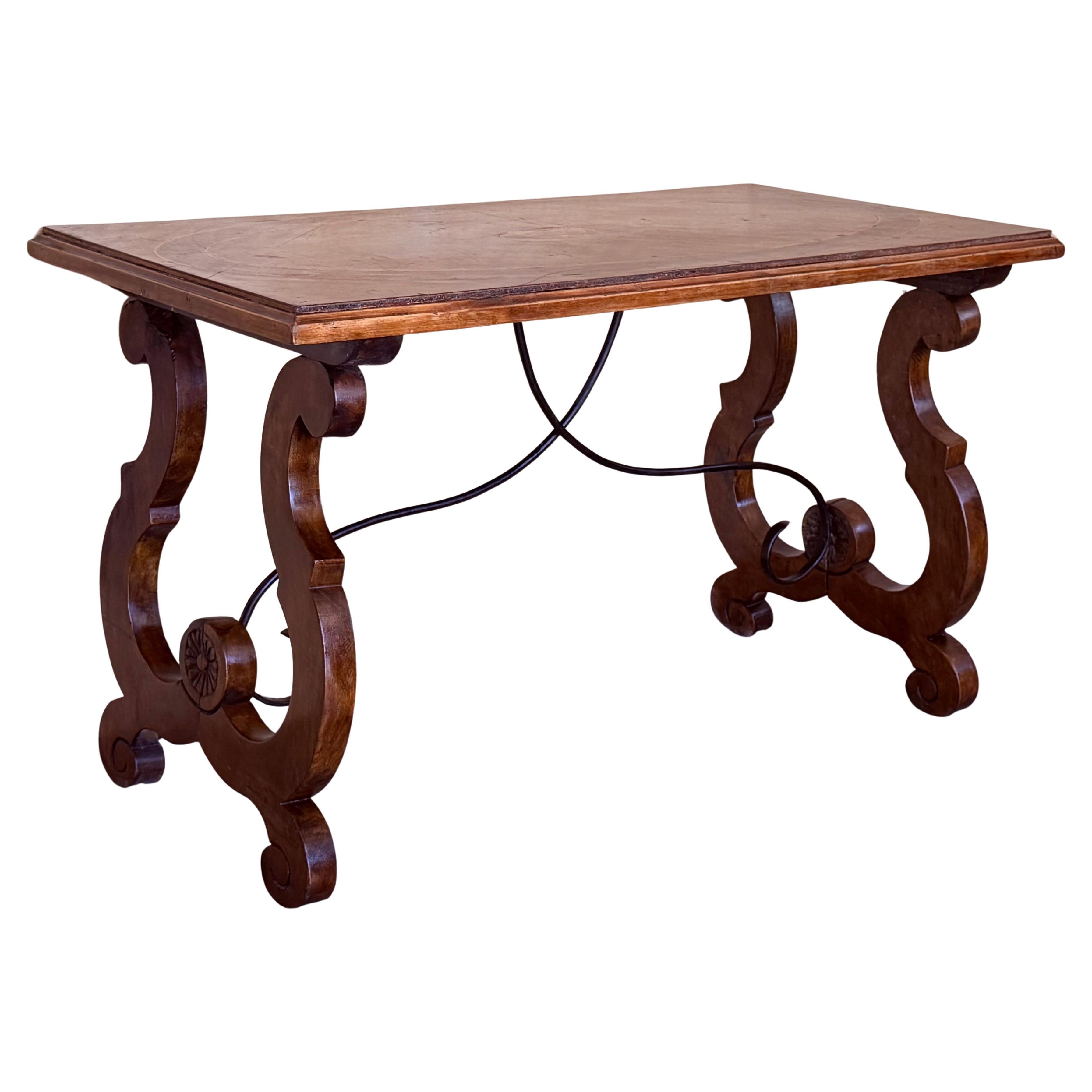 Spanish rectangular coffee table with lyre Legs and marquetry top For Sale