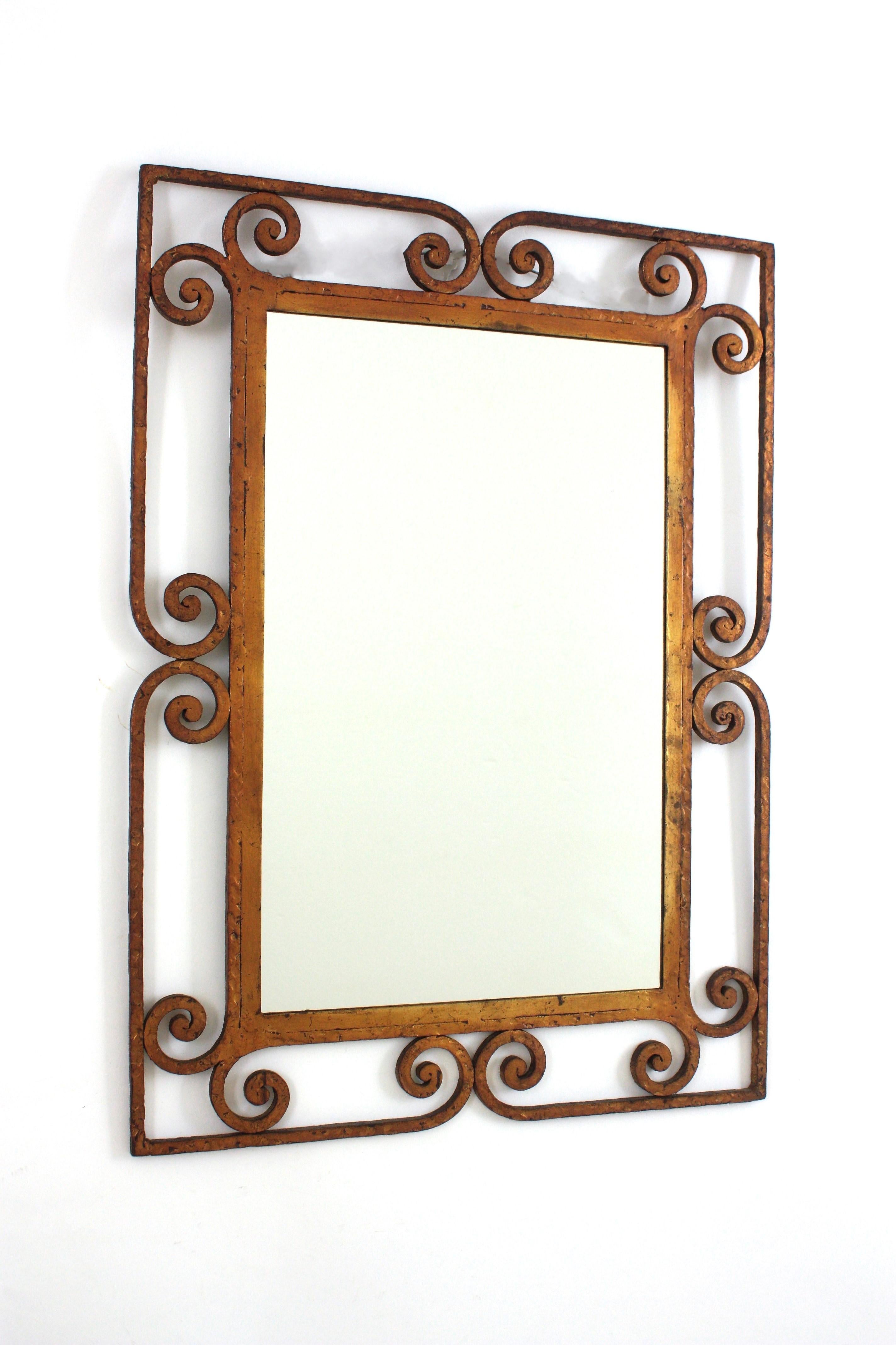 Hollywood Regency Spanish Rectangular Mirror in Gilt Wrought Iron, 1940s For Sale