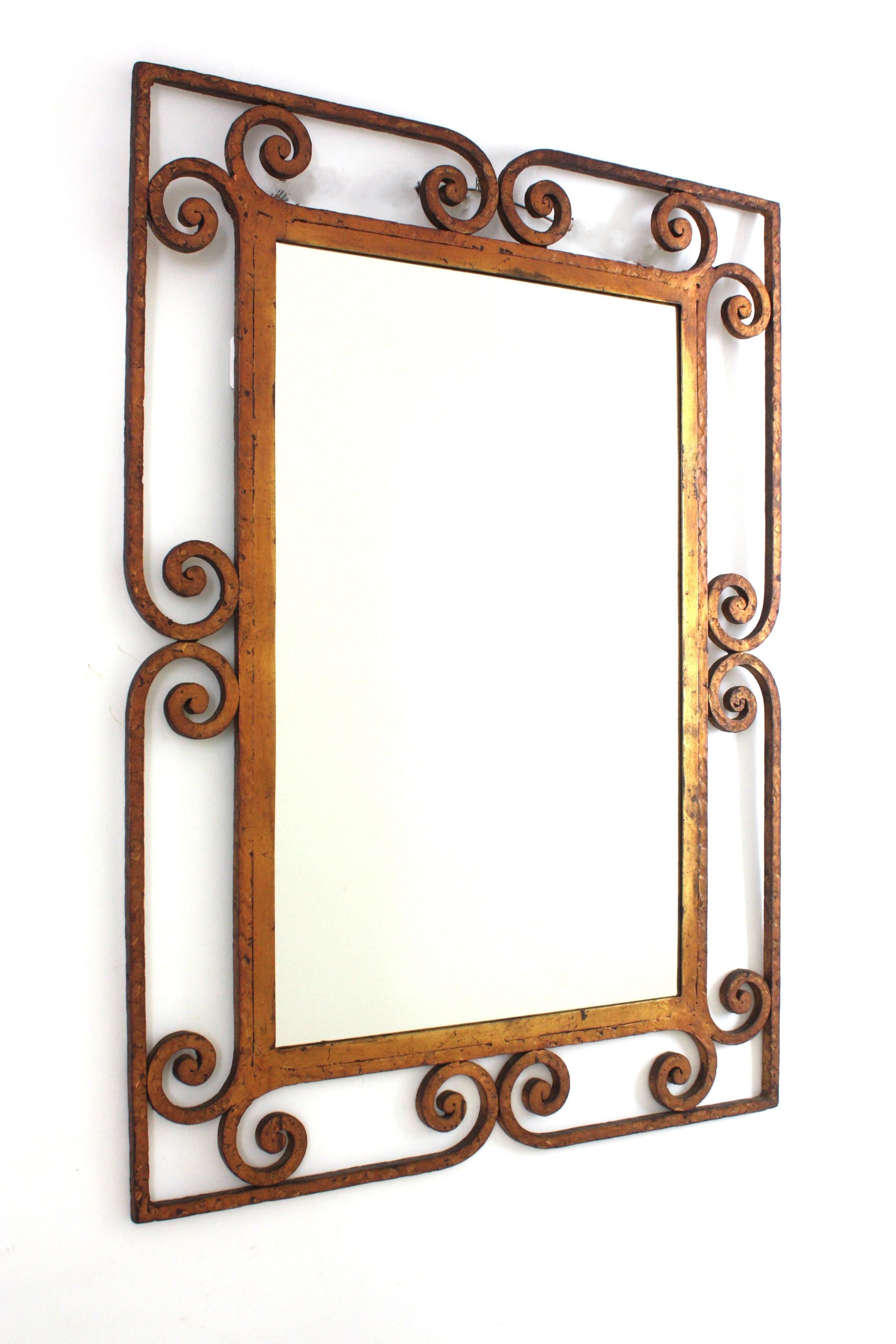 Forged Spanish Rectangular Mirror in Gilt Wrought Iron, 1940s For Sale