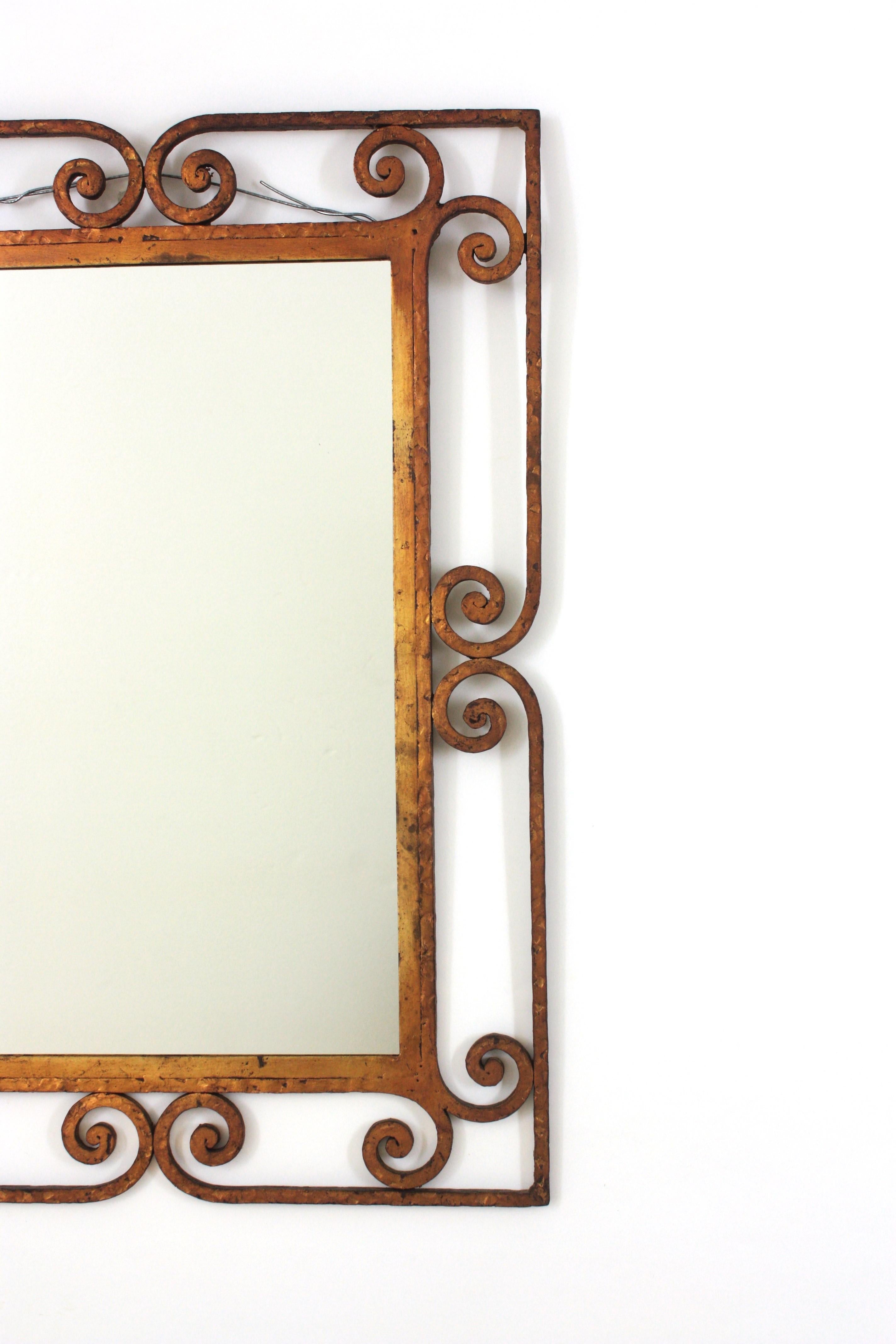 Metal Spanish Rectangular Mirror in Gilt Wrought Iron, 1940s For Sale
