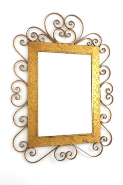 Spanish Rectangular Mirror in Gilt Wrought Iron with Filigree Scrollwork Frame