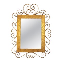 Spanish Rectangular Mirror in Gilt Wrought Iron with Filigree Scrollwork Frame