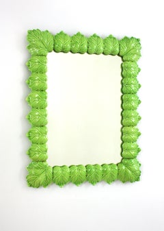 Spanish Rectangular Mirror with Leaves Frame in Green Ceramic, 1960