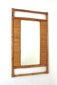 Spanish Rectangular Rattan Wall Mirror with Geometric Woven Frame