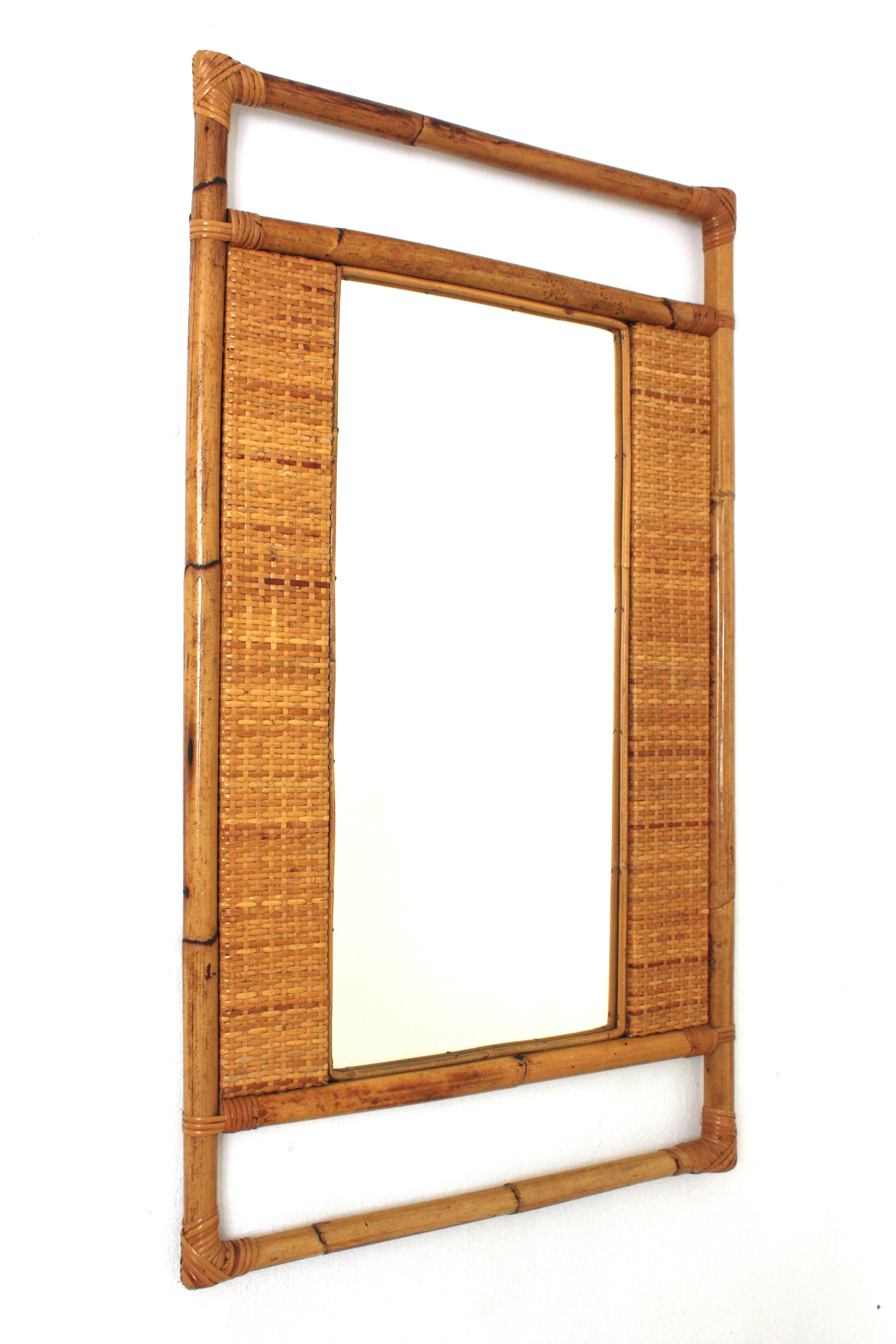 Mid-Century Modern Spanish Rectangular Rattan Wall Mirror with Geometric Woven Frame For Sale