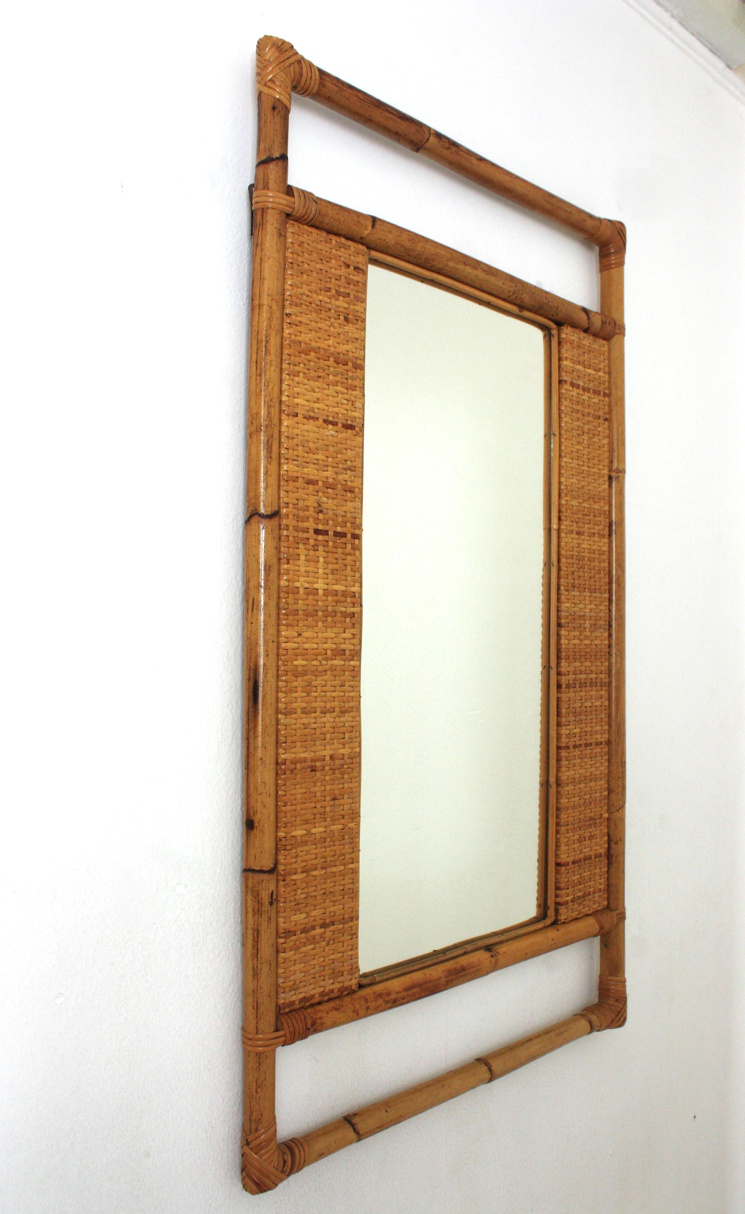 Hand-Crafted Spanish Rectangular Rattan Wall Mirror with Geometric Woven Frame For Sale