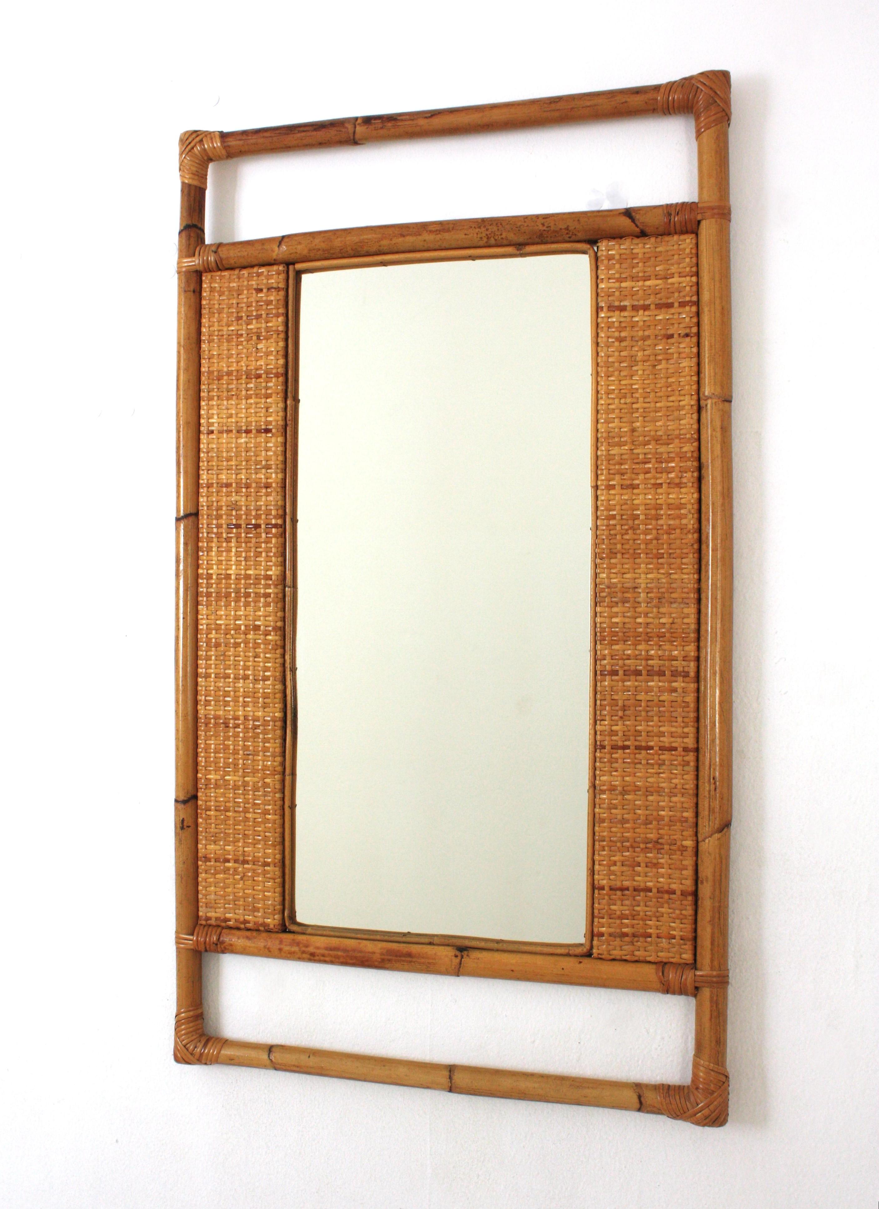 Bamboo Spanish Rectangular Rattan Wall Mirror with Geometric Woven Frame For Sale