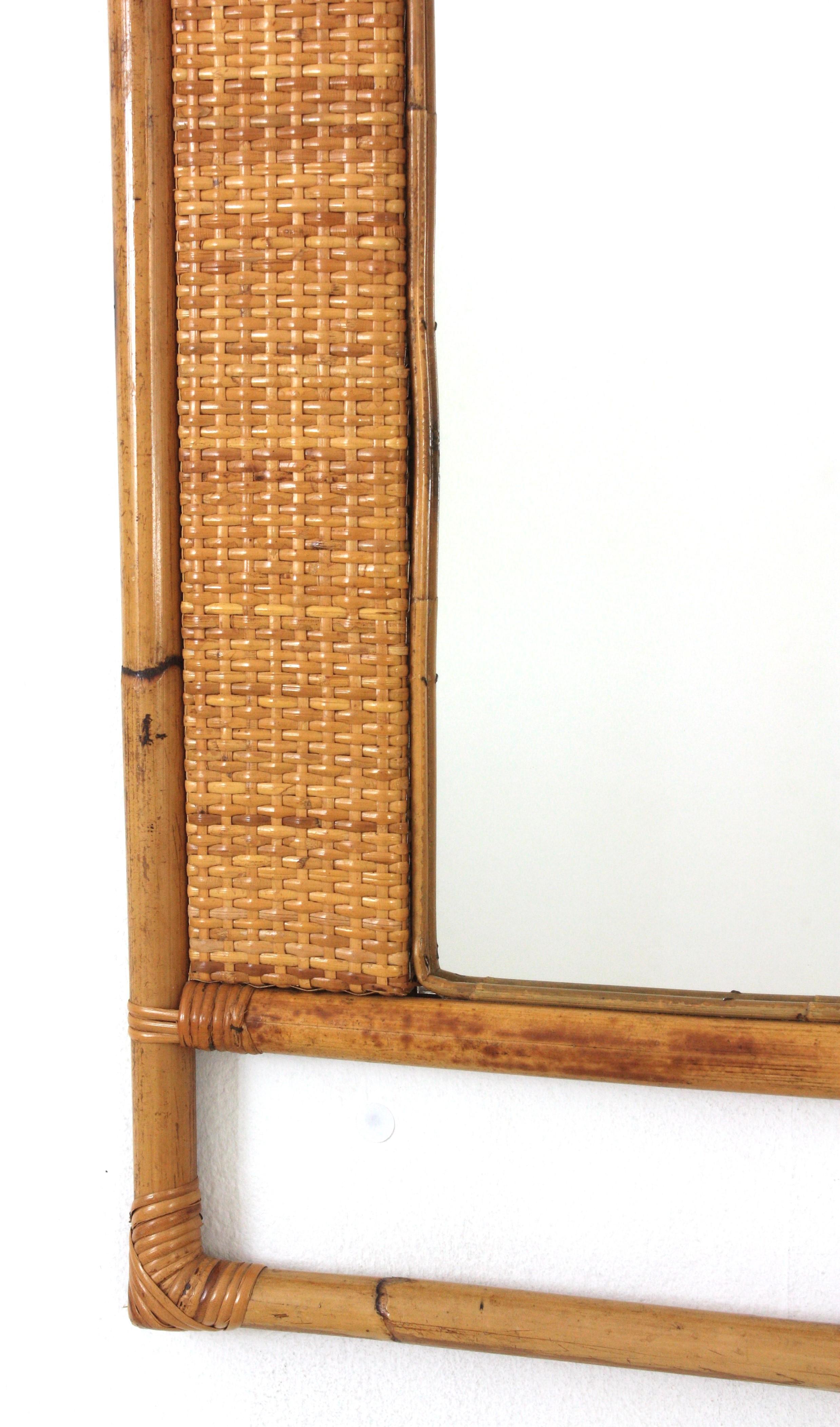 Spanish Rectangular Rattan Wall Mirror with Geometric Woven Frame For Sale 2