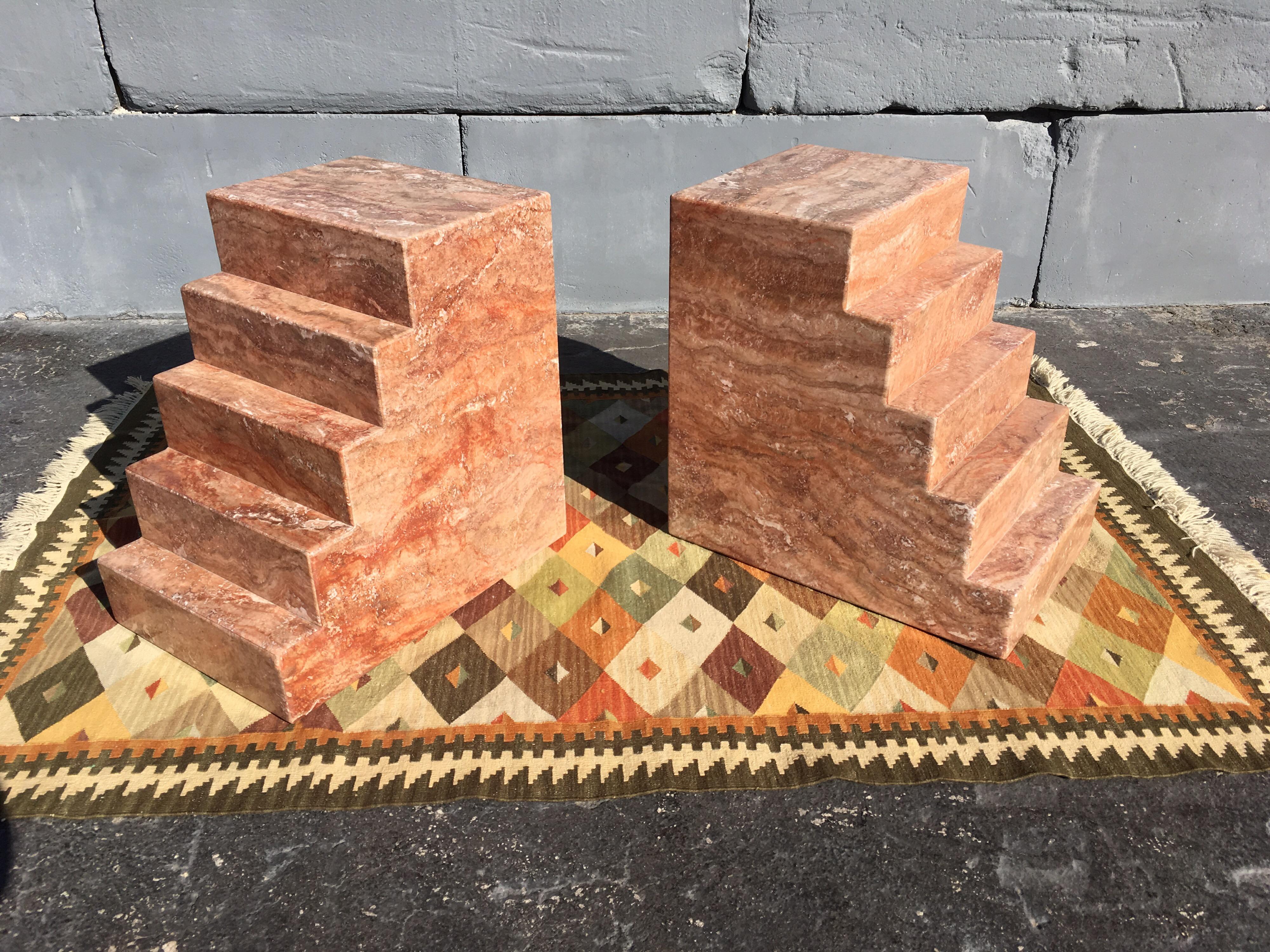 Pair of Spanish Red Travertine Table Bases Pedestals Step Design 4